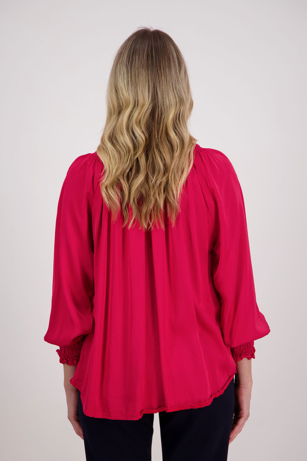 Red, Briarwood Long Sleeve Viscose top with shirred neck and sleeves, Hollis