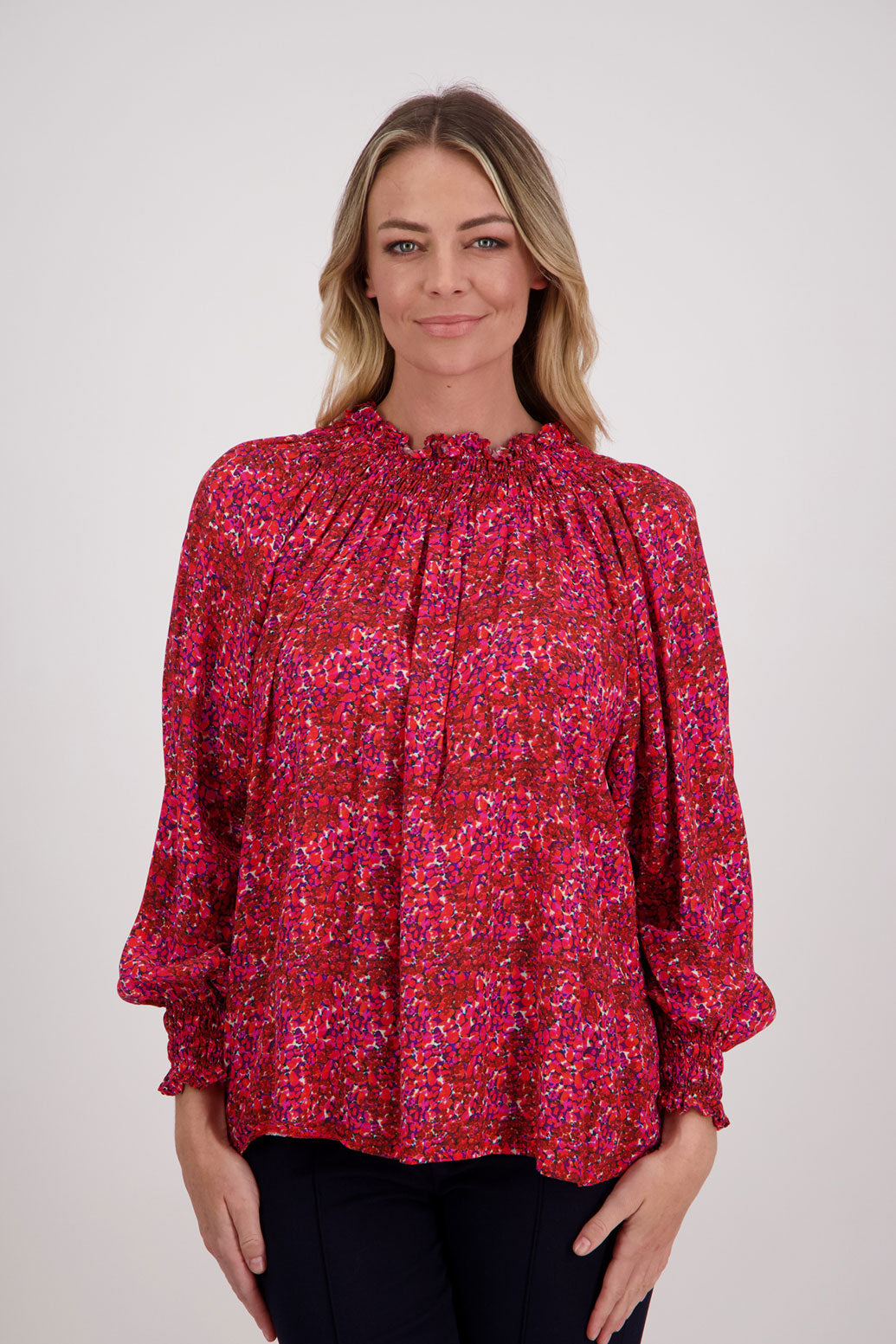 Red Floral, Briarwood Long Sleeve Viscose top with shirred neck and sleeves, Hollis