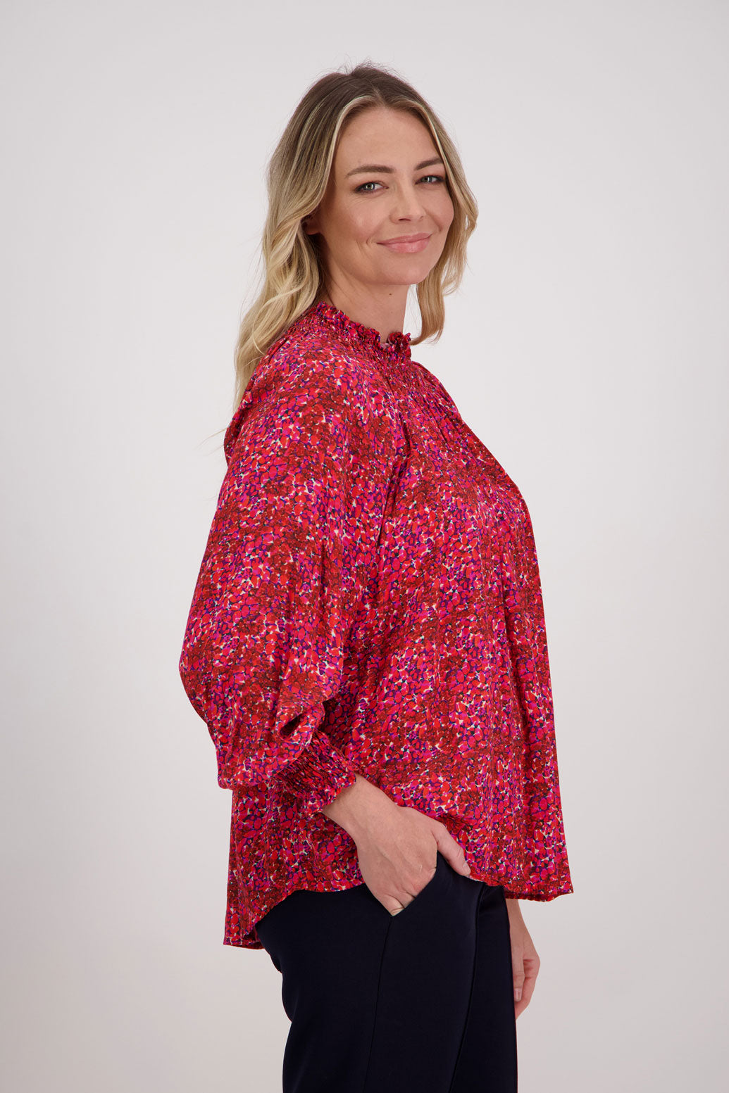 Red Floral, Briarwood Long Sleeve Viscose top with shirred neck and sleeves, Hollis