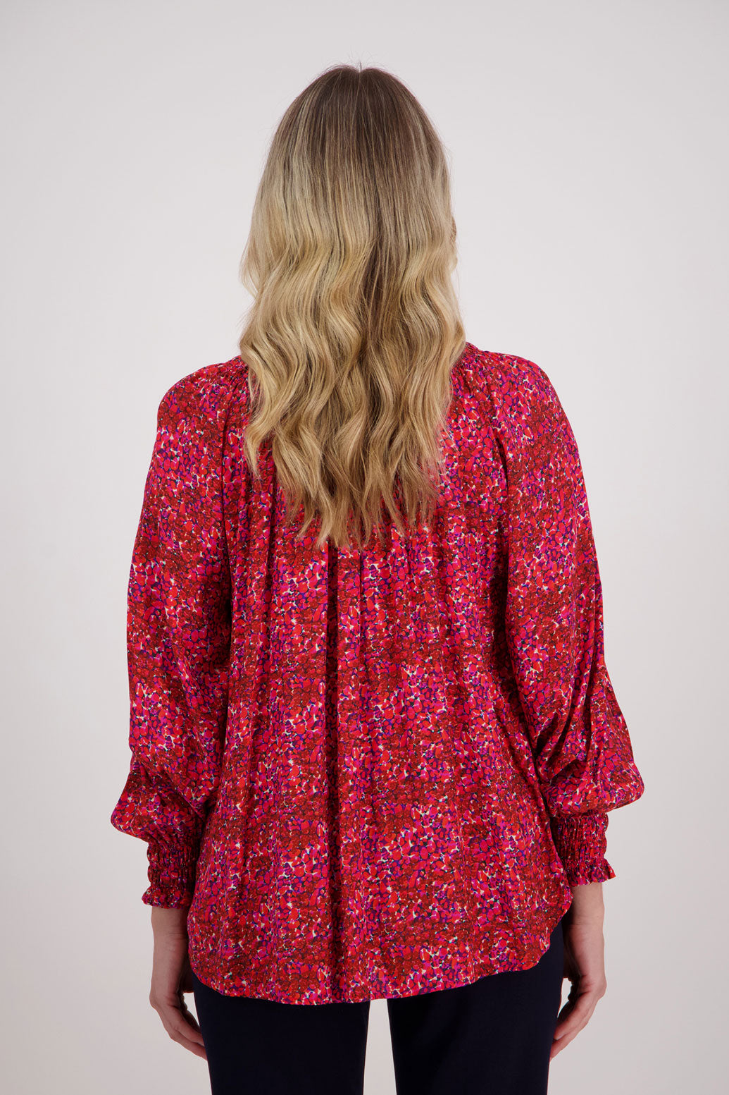 Red Floral, Briarwood Long Sleeve Viscose top with shirred neck and sleeves, Hollis