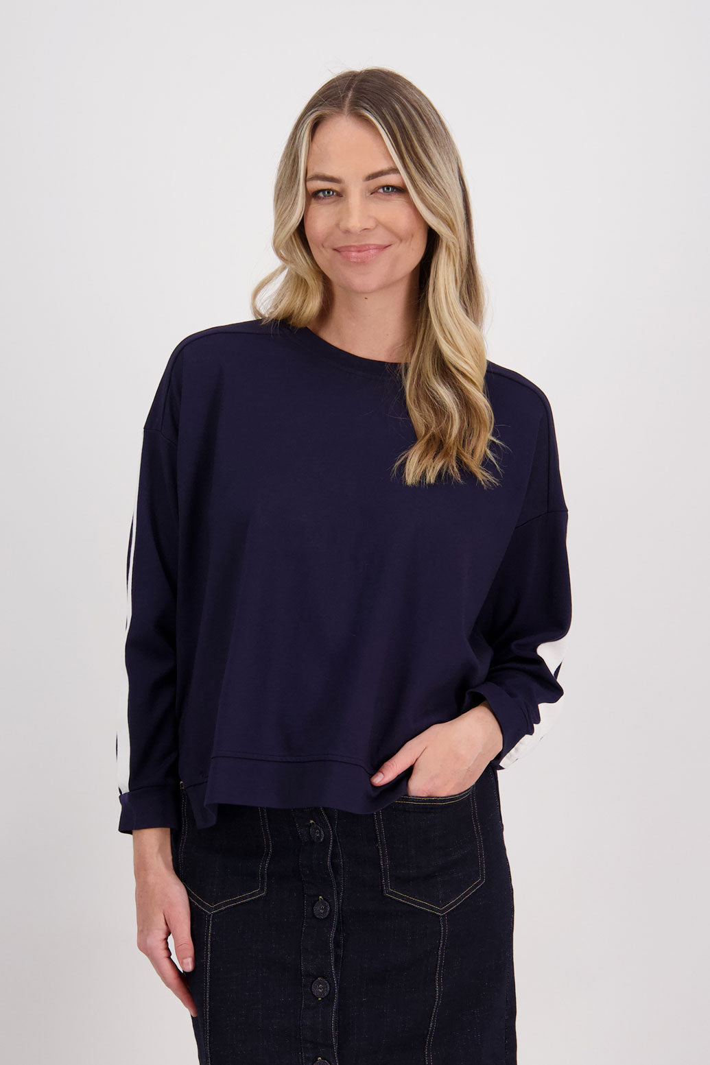 Ink/Dark Blue Ponte Sweatshirt with white/ivory contrasts side stripe down arms/sleeves. Holmes