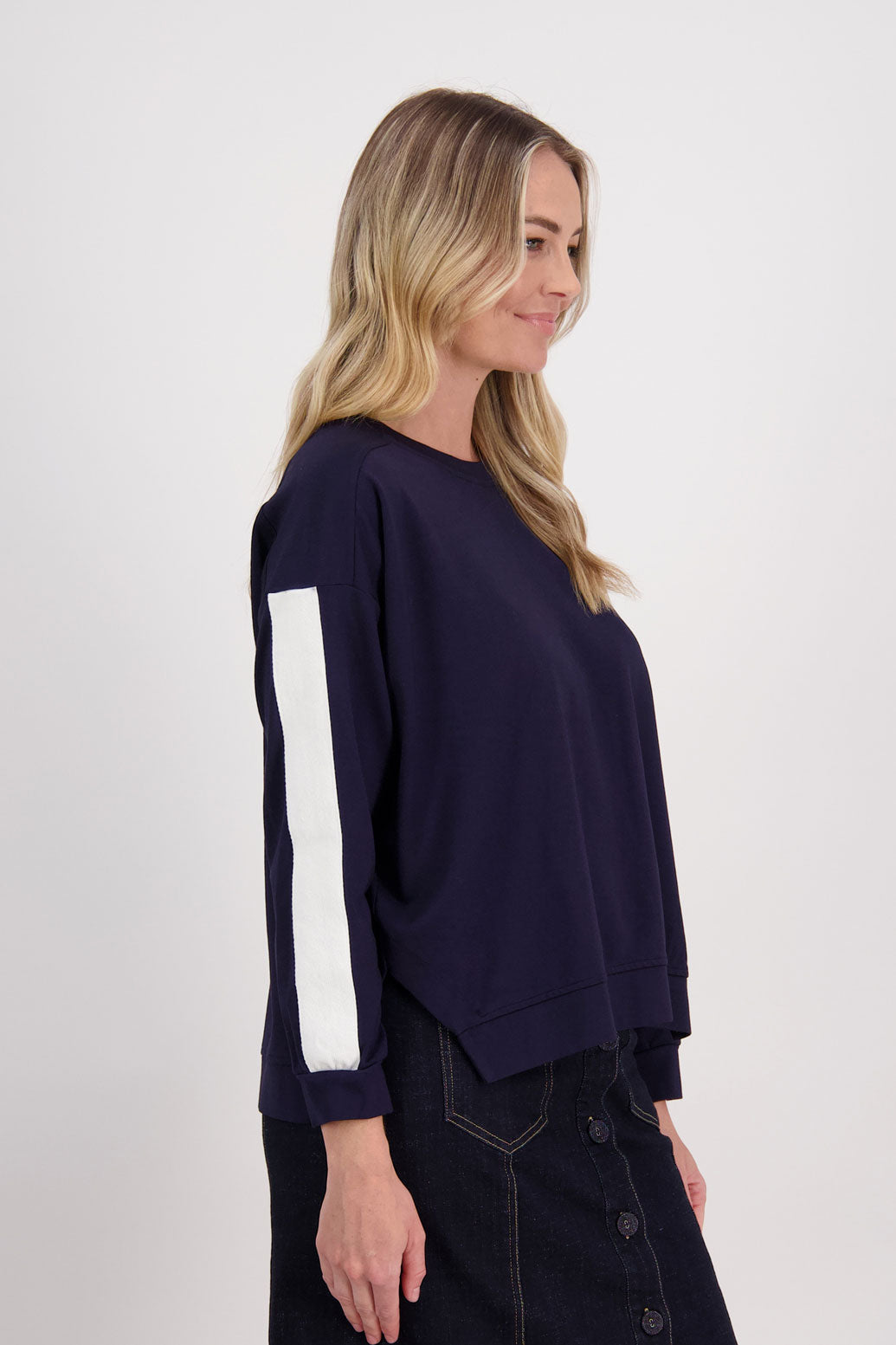 Ink/Dark Blue Ponte Sweatshirt with white/ivory contrasts side stripe down arms/sleeves. Holmes