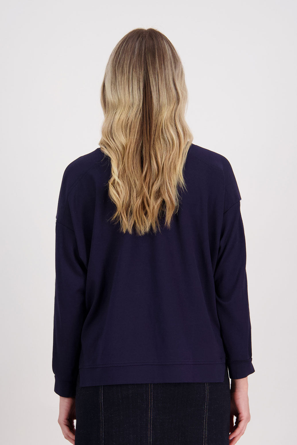 Ink/Dark Blue Ponte Sweatshirt with white/ivory contrasts side stripe down arms/sleeves. Holmes