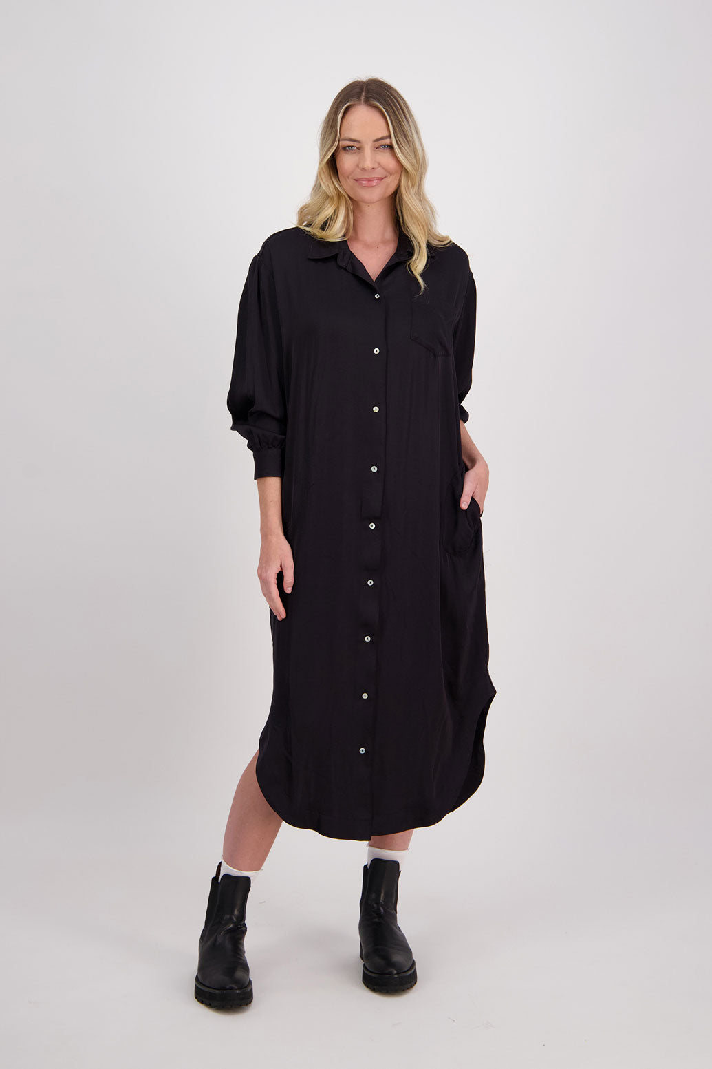 Black Shirt Dress with Gathered Tie Back Detail and shaped hem. Viscose, Hope