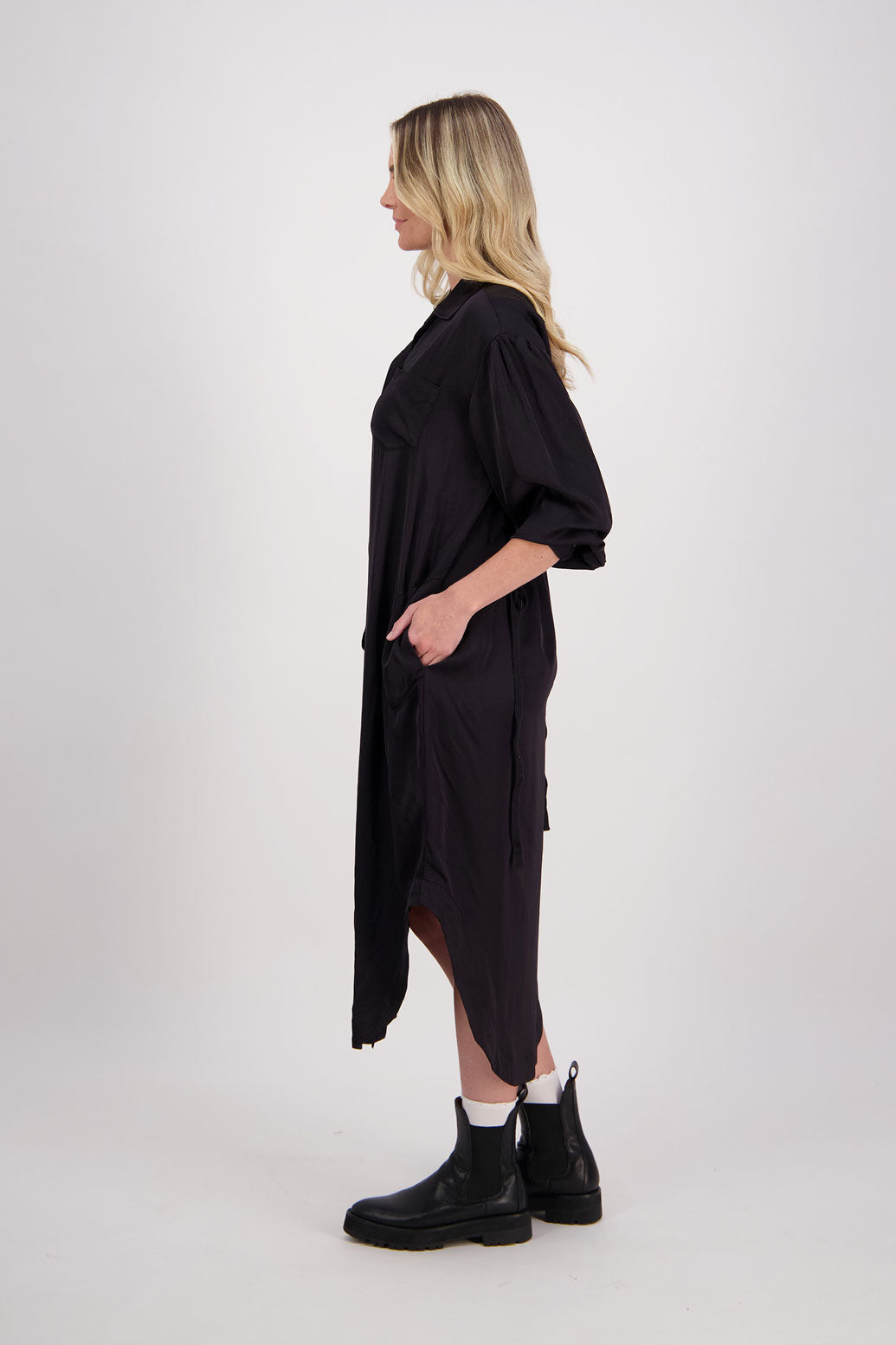 Black Shirt Dress with Gathered Tie Back Detail and shaped hem. Viscose, Hope