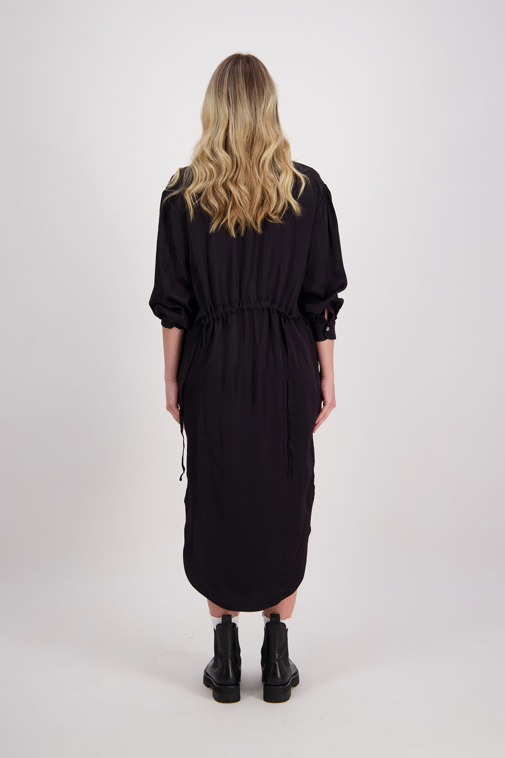 Black Shirt Dress with Gathered Tie Back Detail and shaped hem. Viscose, Hope