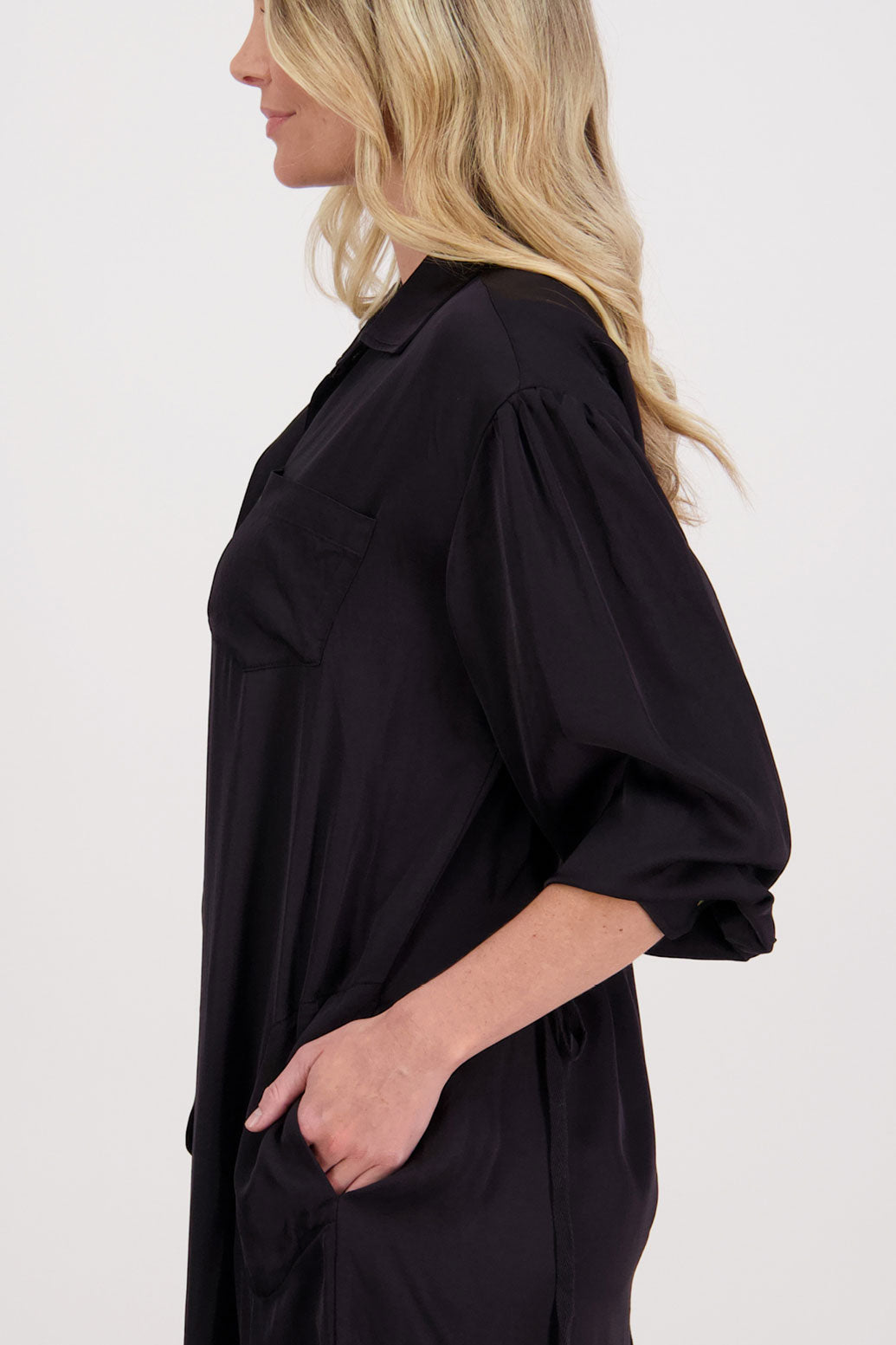 Black Shirt Dress with Gathered Tie Back Detail and shaped hem. Viscose, Hope