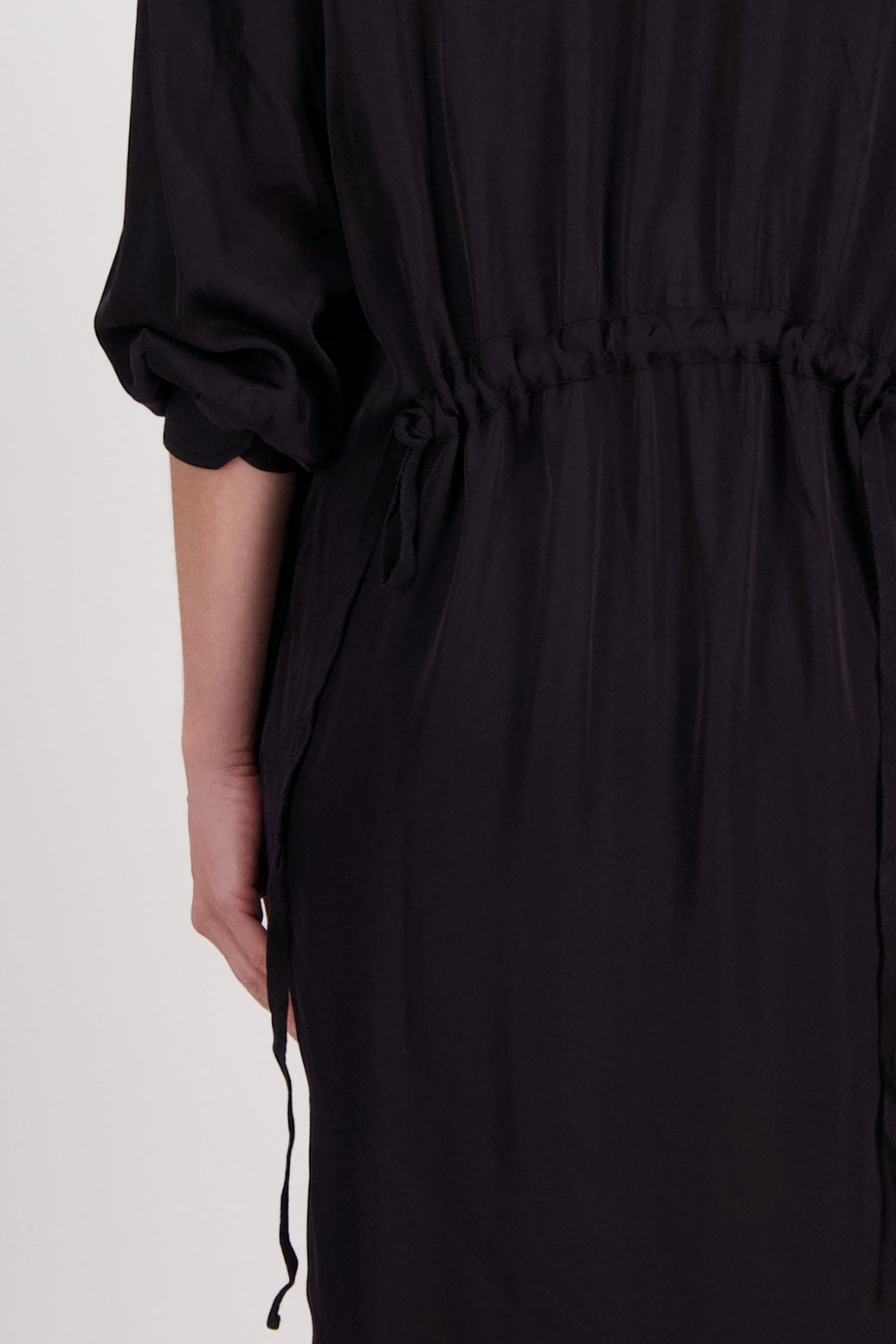 Black Shirt Dress with Gathered Tie Back Detail and shaped hem. Viscose, Hope