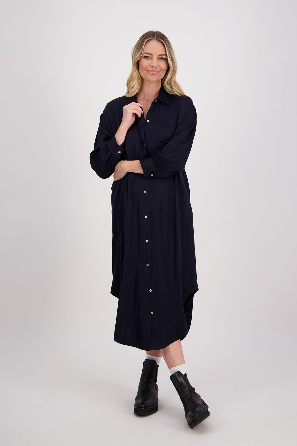 Ink/Dark Blue Shirt Dress with Gathered Tie Back Detail and shaped hem. Viscose, Hope