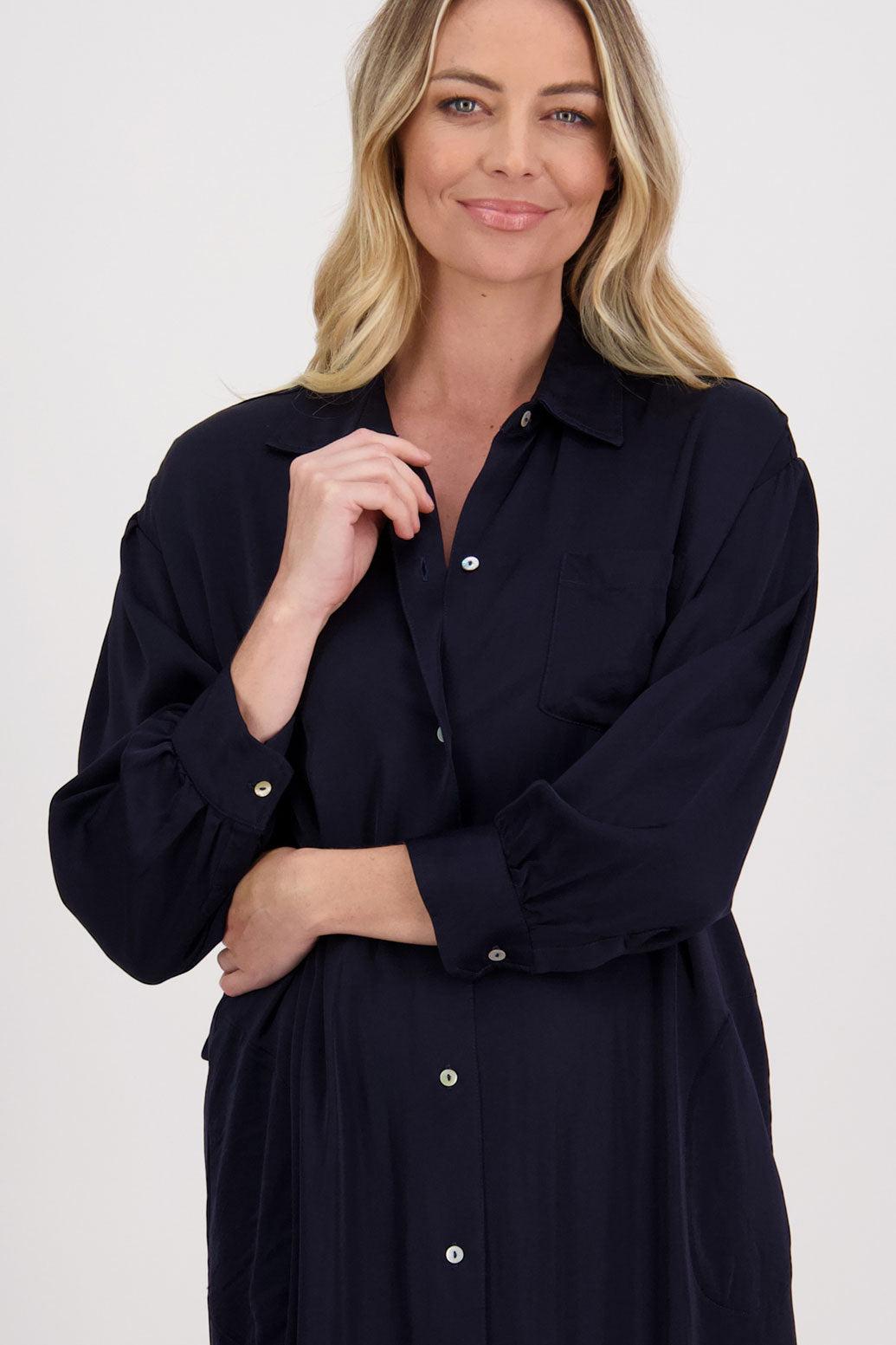 Ink/Dark Blue Shirt Dress with Gathered Tie Back Detail and shaped hem. Viscose, Hope