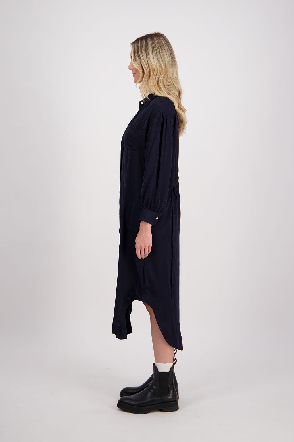 Ink/Dark Blue Shirt Dress with Gathered Tie Back Detail and shaped hem. Viscose, Hope