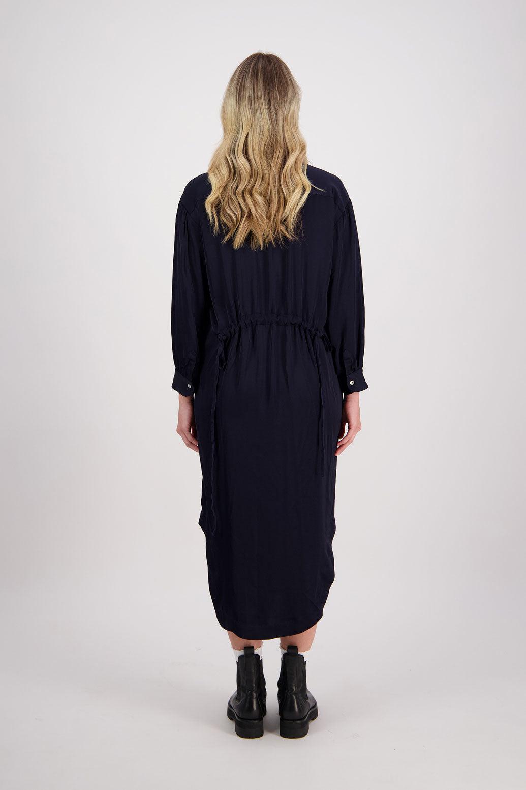 Ink/Dark Blue Shirt Dress with Gathered Tie Back Detail and shaped hem. Viscose, Hope