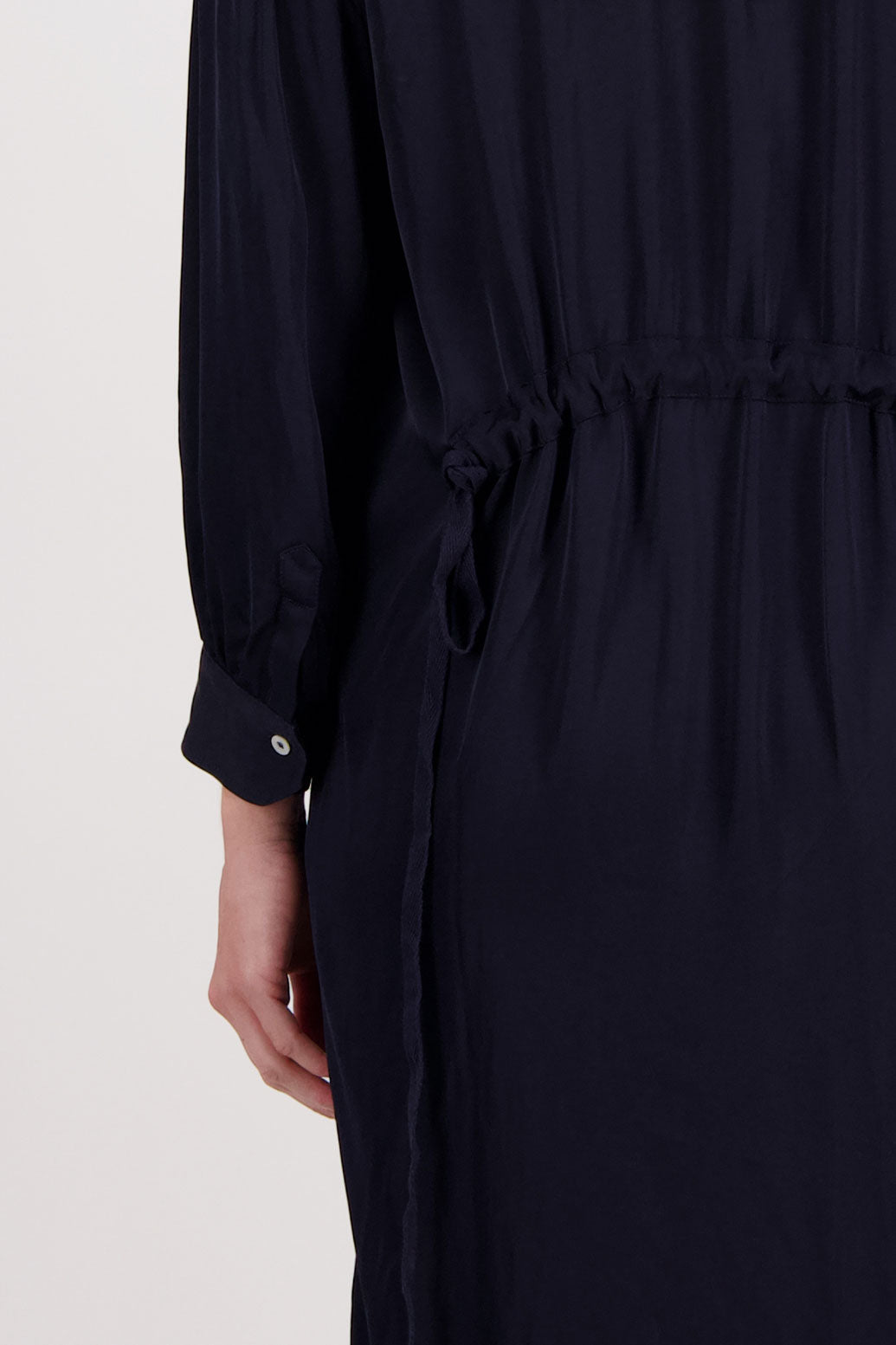 Ink/Dark Blue Shirt Dress with Gathered Tie Back Detail and shaped hem. Viscose, Hope