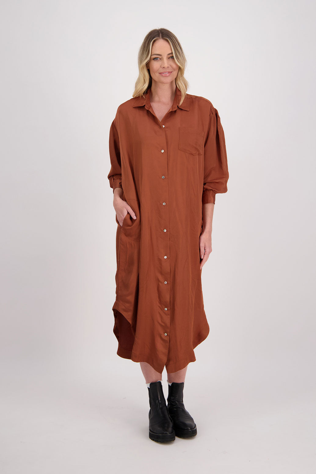 Tan Shirt Dress with Gathered Tie Back Detail and shaped hem. Viscose, Hope