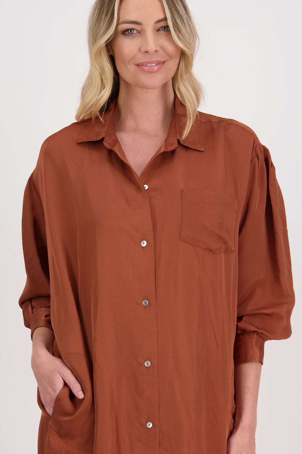 Tan Shirt Dress with Gathered Tie Back Detail and shaped hem. Viscose, Hope