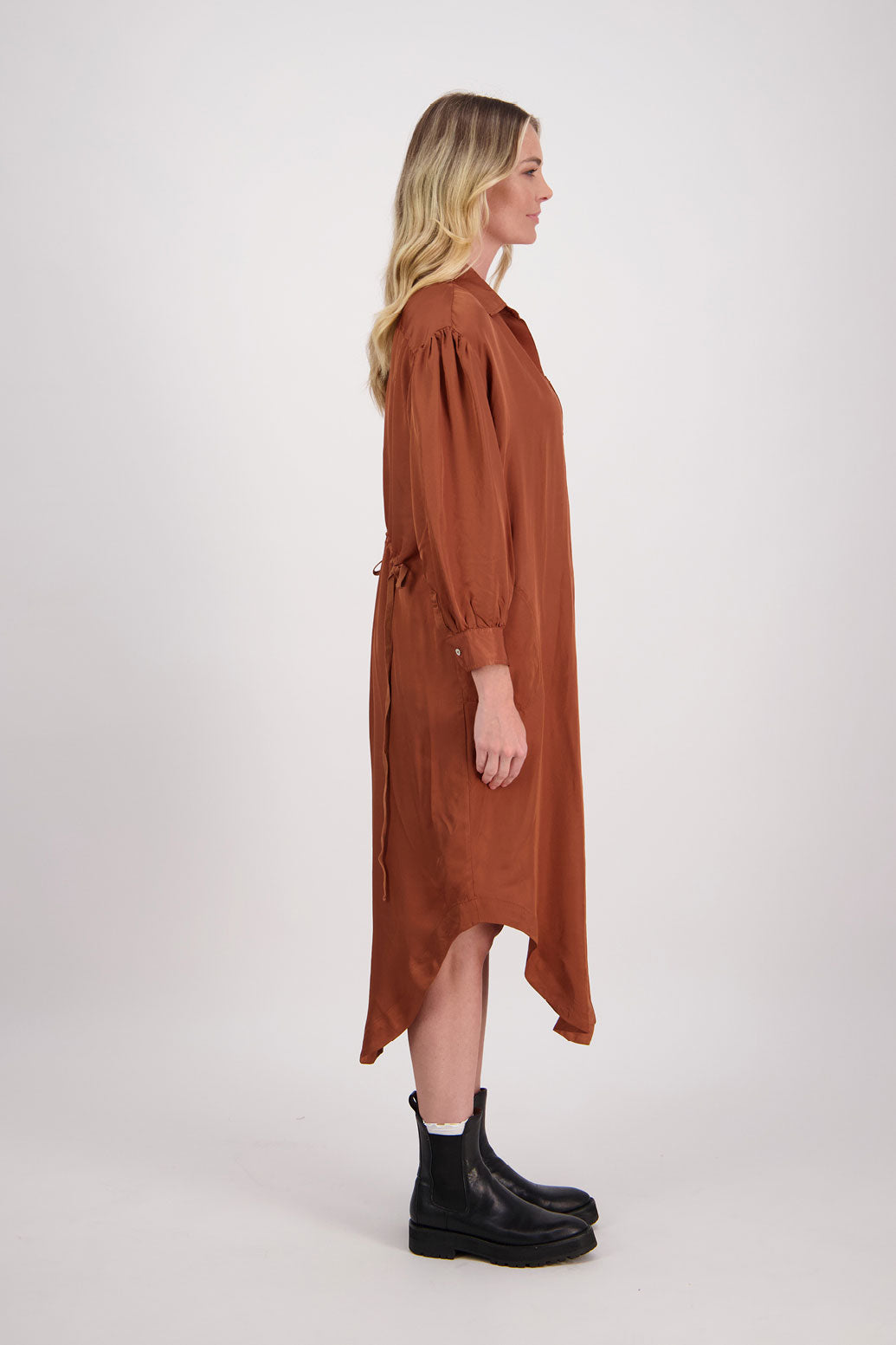 Tan Shirt Dress with Gathered Tie Back Detail and shaped hem. Viscose, Hope