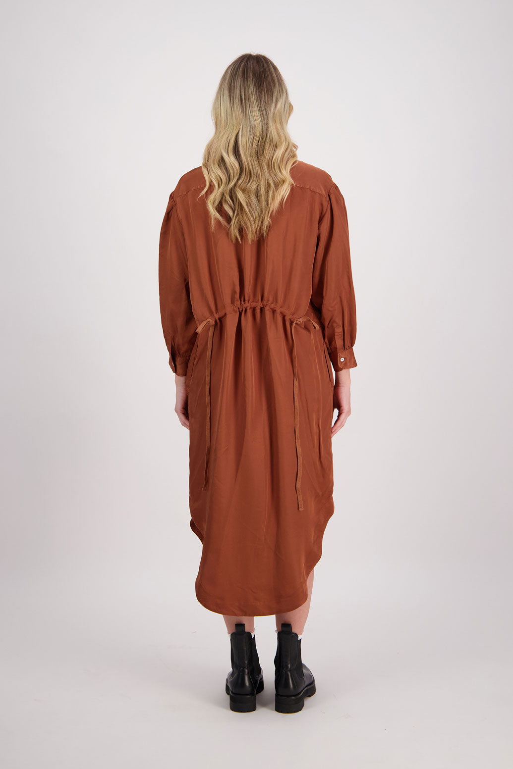 Tan Shirt Dress with Gathered Tie Back Detail and shaped hem. Viscose, Hope