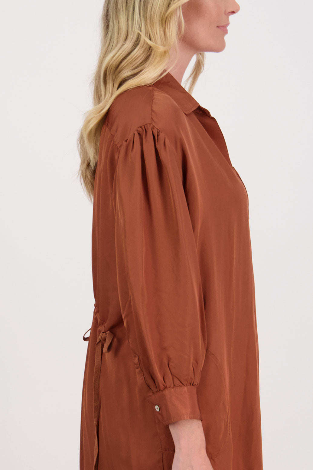 Tan Shirt Dress with Gathered Tie Back Detail and shaped hem. Viscose, Hope