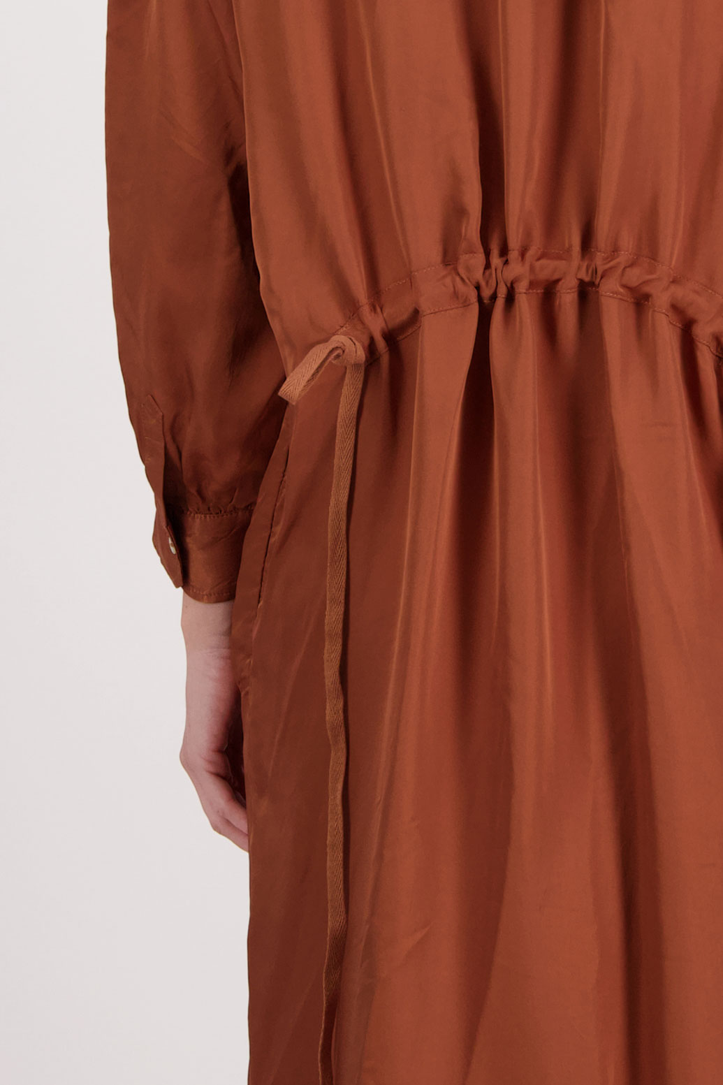 Tan Shirt Dress with Gathered Tie Back Detail and shaped hem. Viscose, Hope