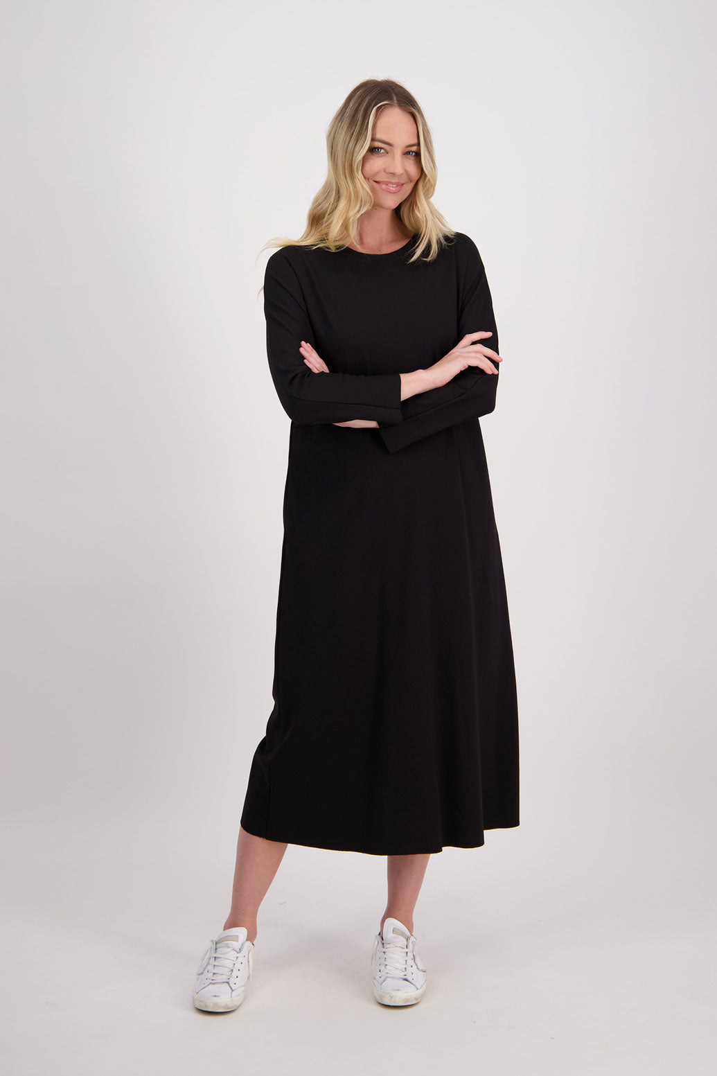 Black Ponte Dress with Slight ALine and Contrast White/Ivory Stripe down back. Hudson