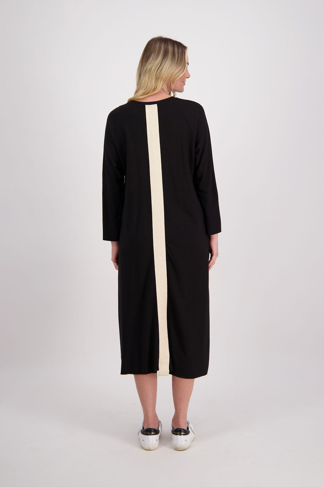 Black Ponte Dress with Slight ALine and Contrast White/Ivory Stripe down back. Hudson