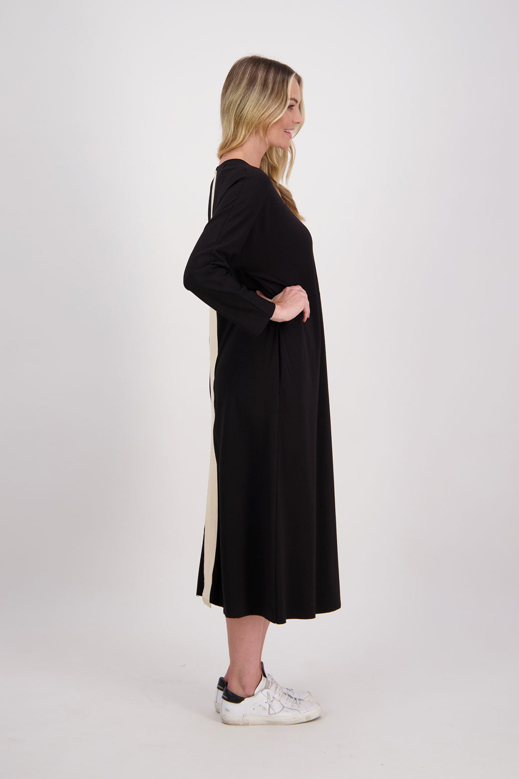 Black Ponte Dress with Slight ALine and Contrast White/Ivory Stripe down back. Hudson