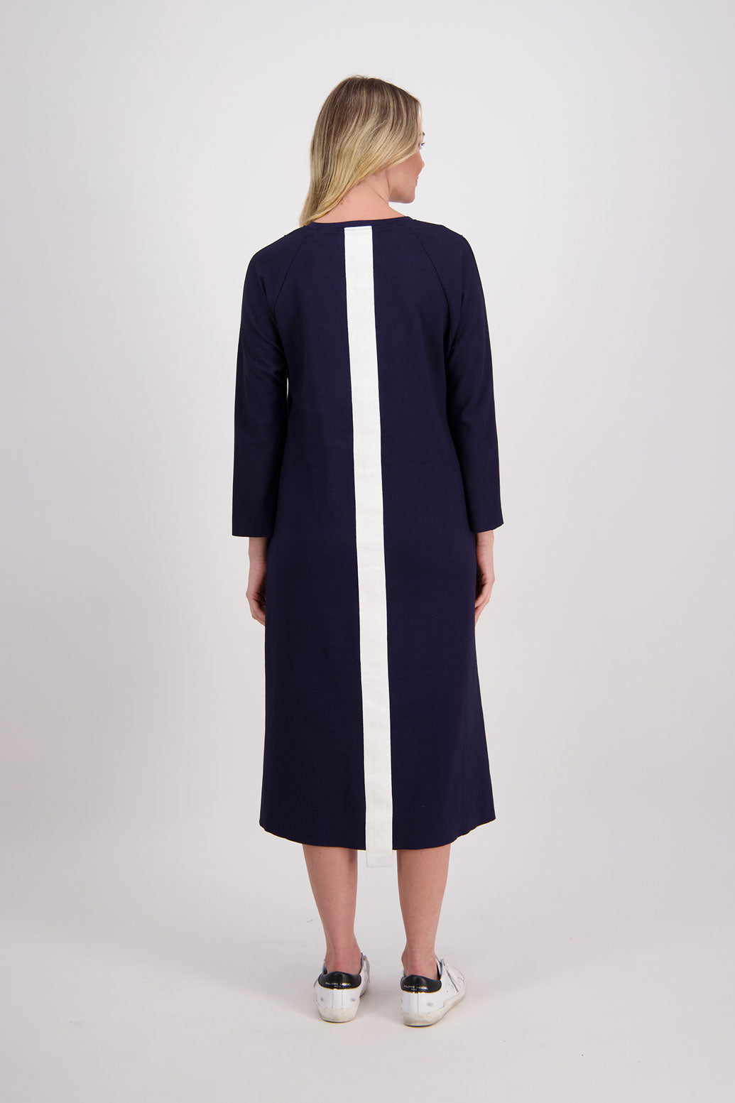 Ink/Dark Blue Ponte Dress with Slight ALine and Contrast White/Ivory Stripe down back. Hudson