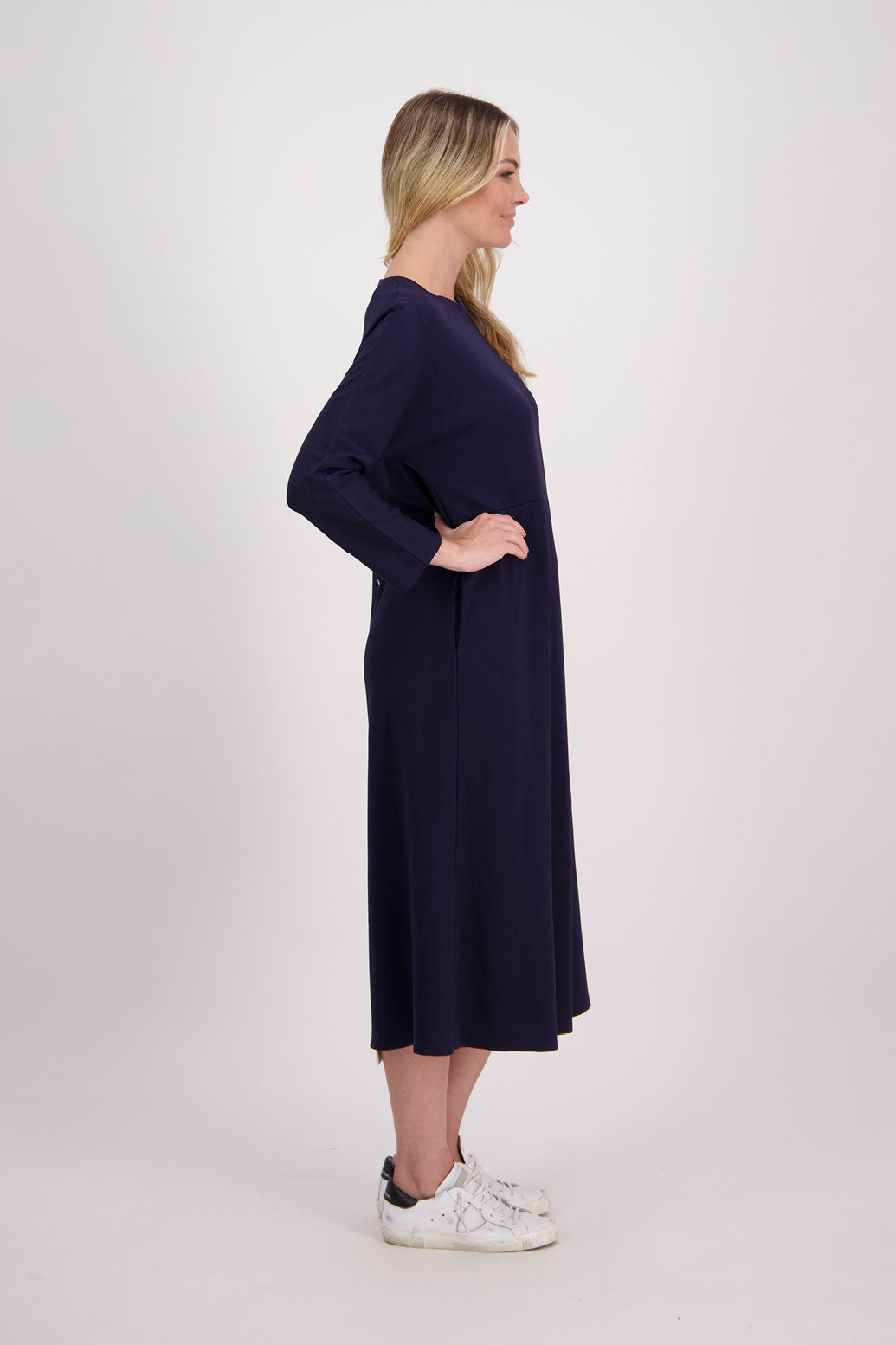 Ink/Dark Blue Ponte Dress with Slight ALine and Contrast White/Ivory Stripe down back. Hudson