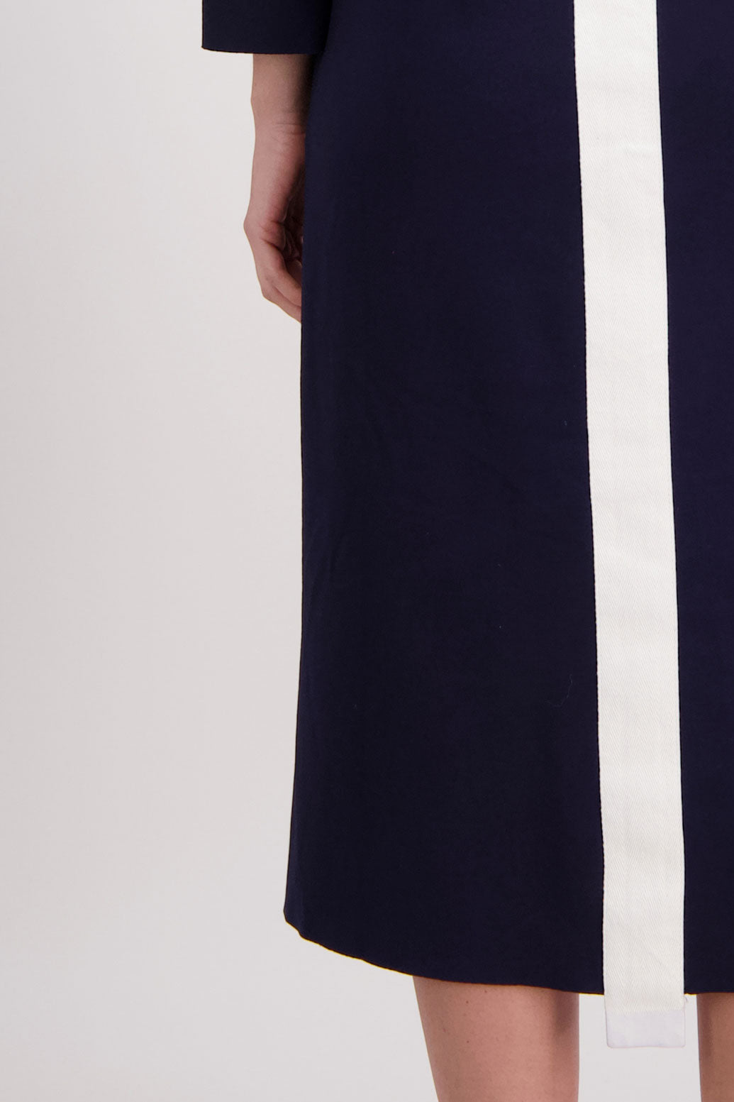 Ink/Dark Blue Ponte Dress with Slight ALine and Contrast White/Ivory Stripe down back. Hudson