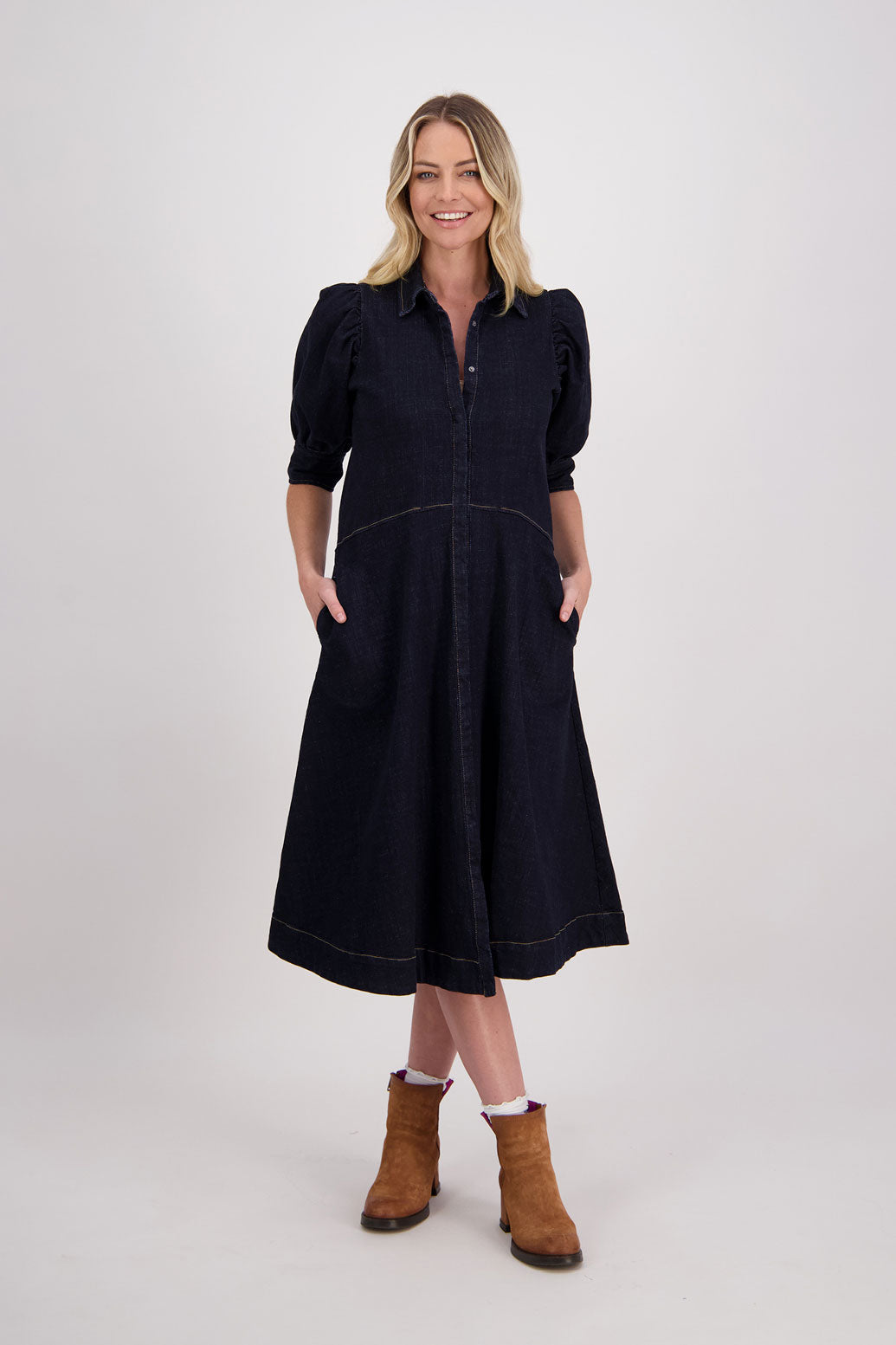 Denim button down shirt dress with elbow length sleeves and A-Line Skirt, Huxley