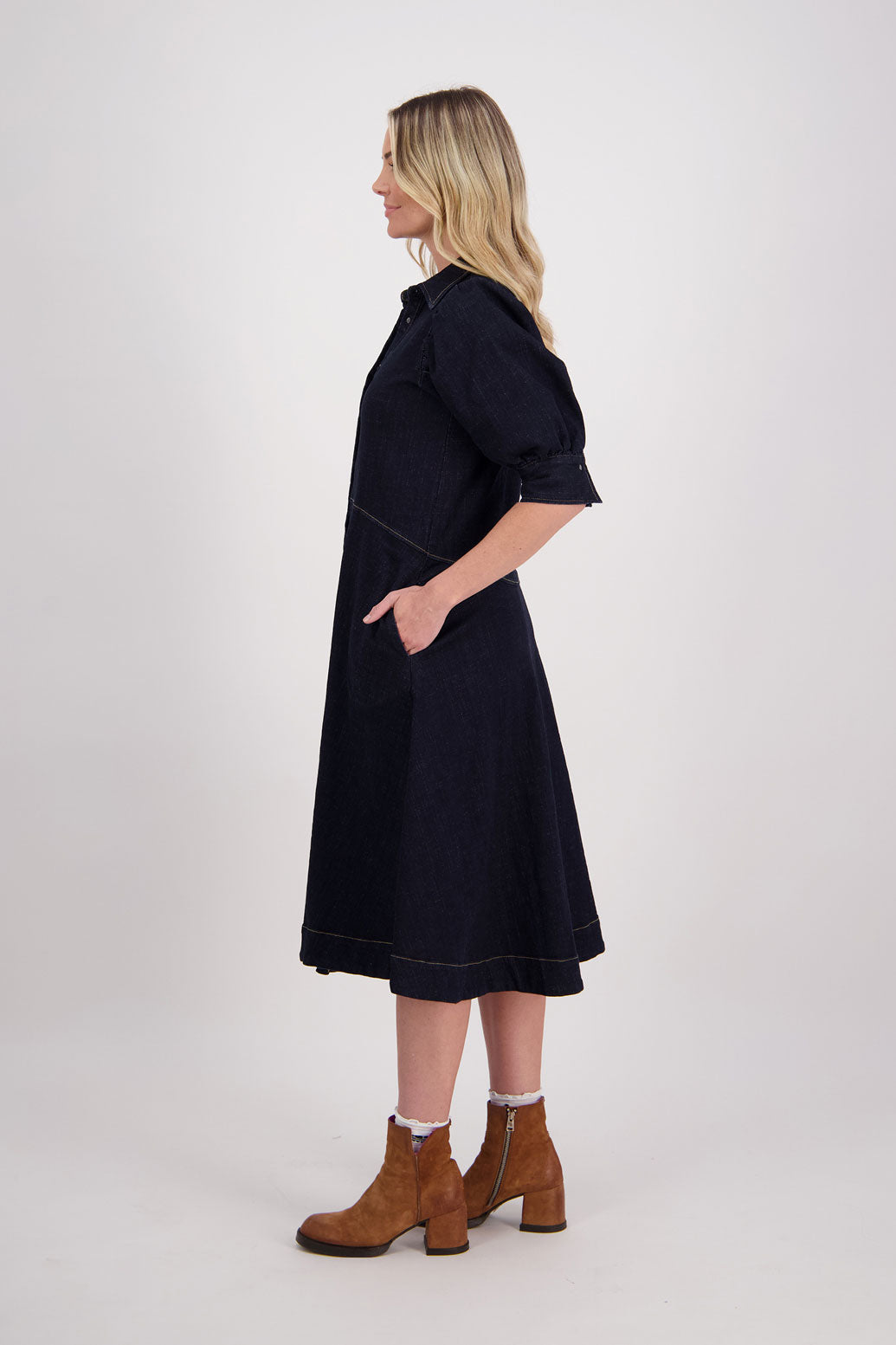 Denim button down shirt dress with elbow length sleeves and A-Line Skirt, Huxley