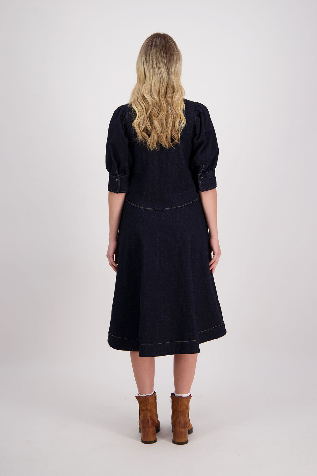 Denim button down shirt dress with elbow length sleeves and A-Line Skirt, Huxley