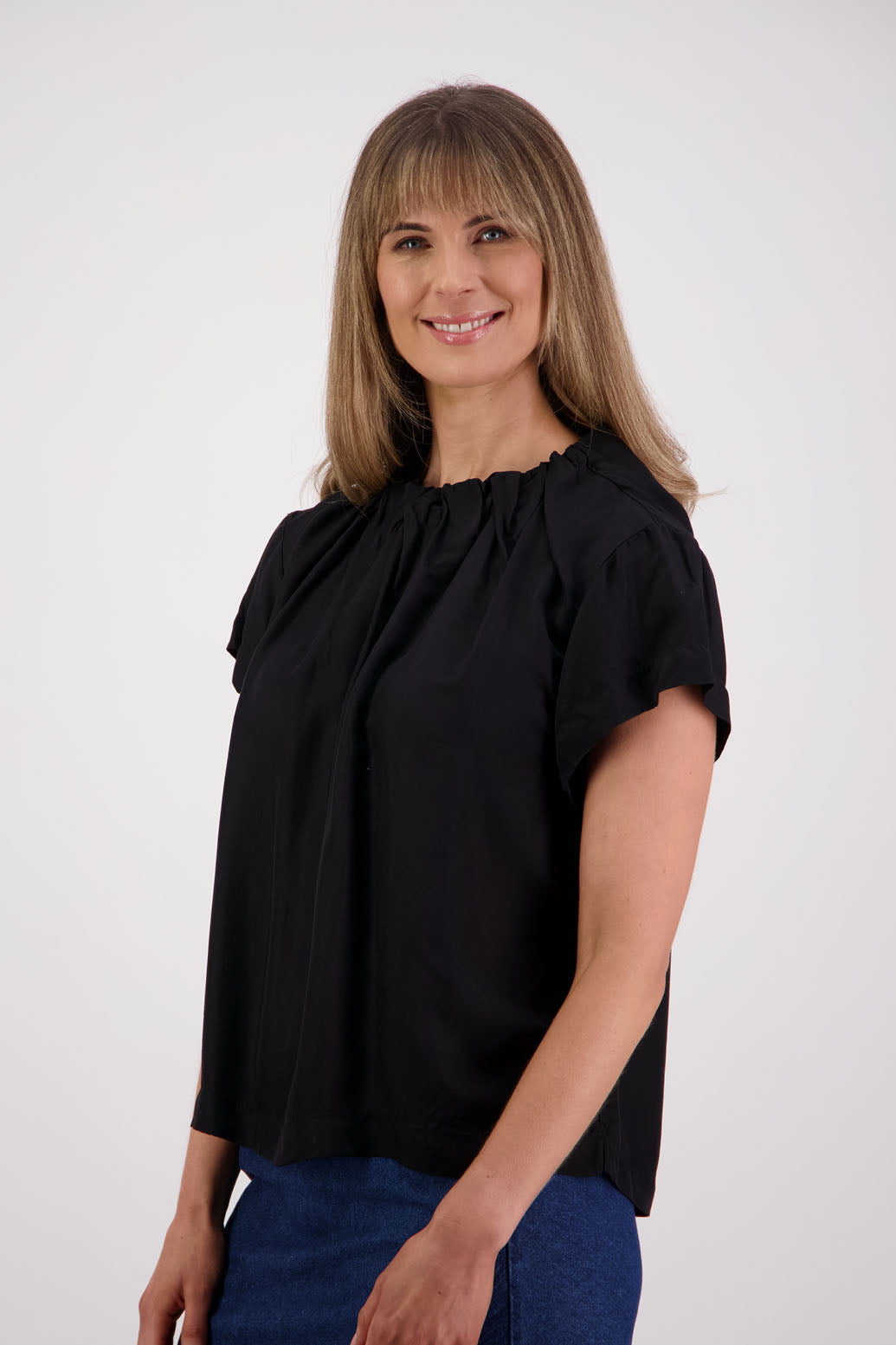 Womens Black Viscose Top. Short sleeves with soft pleats around neck. Briarwood NZ. Jackie