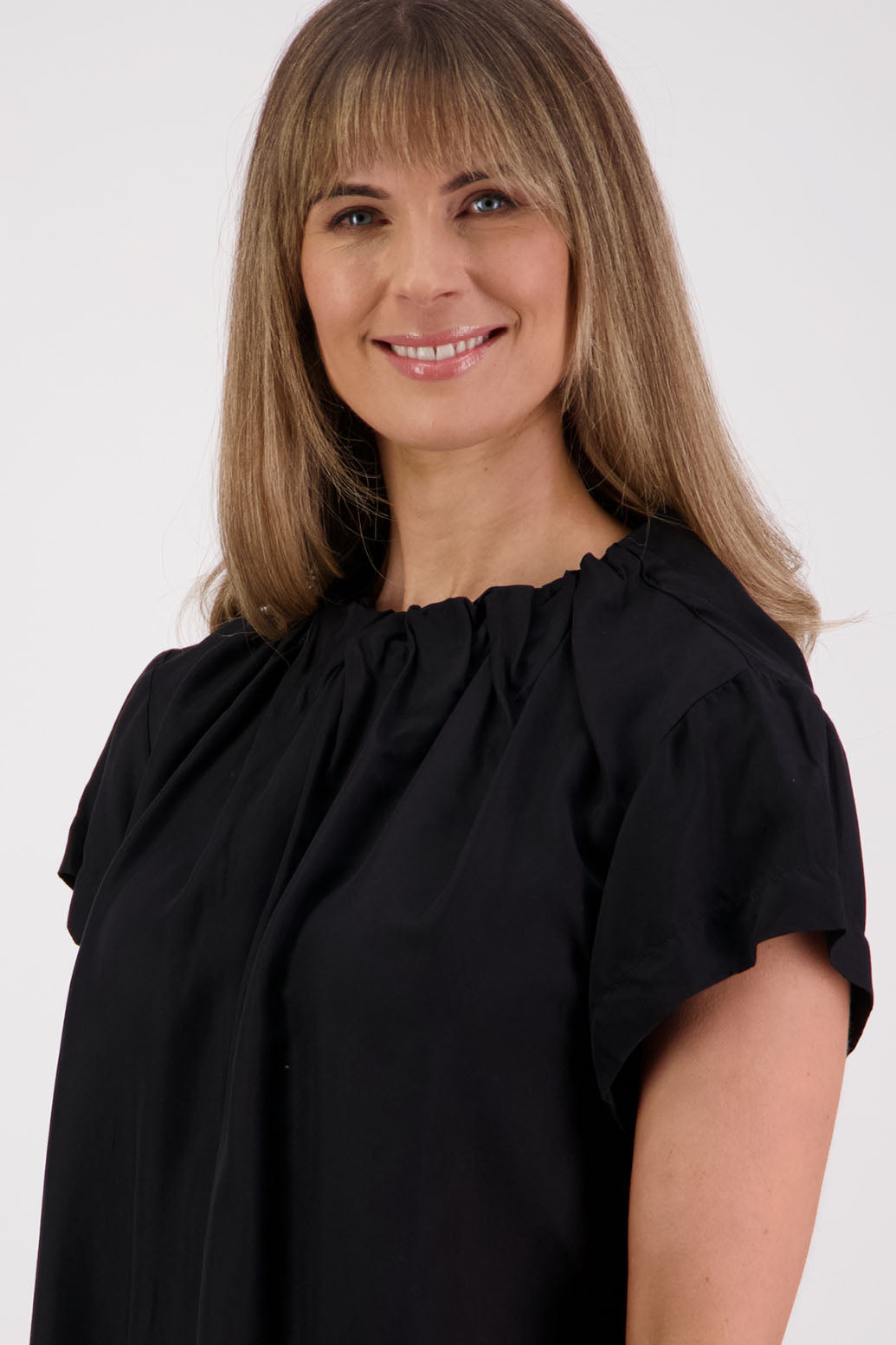 Womens Black Viscose Top. Short sleeves with soft pleats around neck. Briarwood NZ. Jackie
