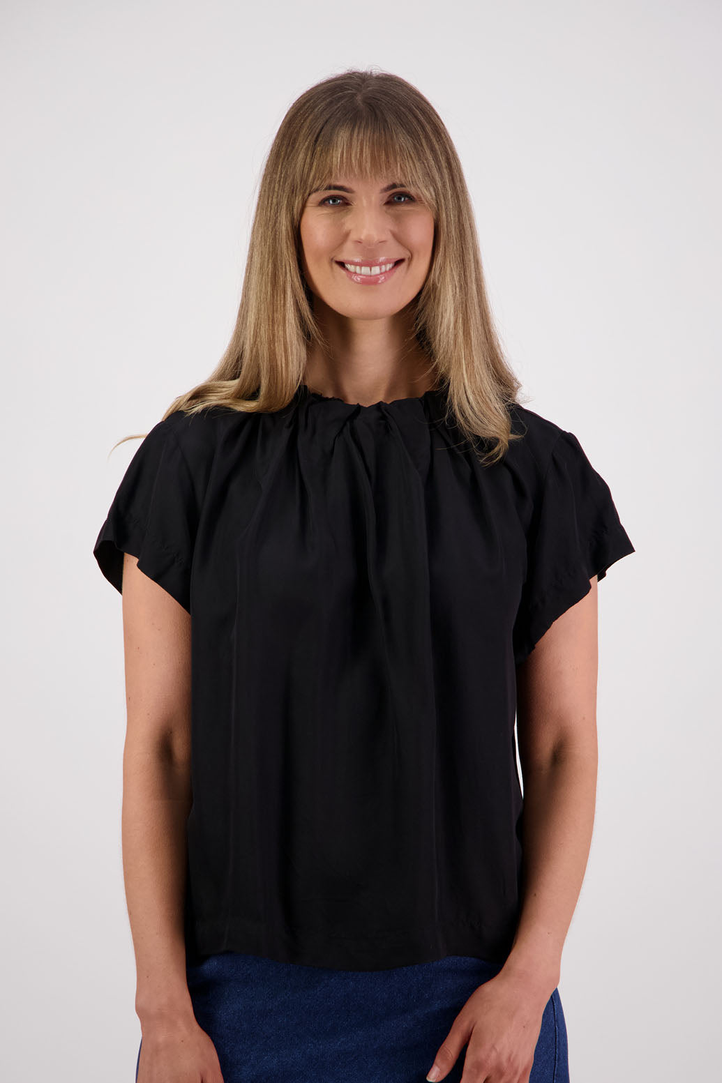 Womens Black Viscose Top. Short sleeves with soft pleats around neck. Briarwood NZ. Jackie