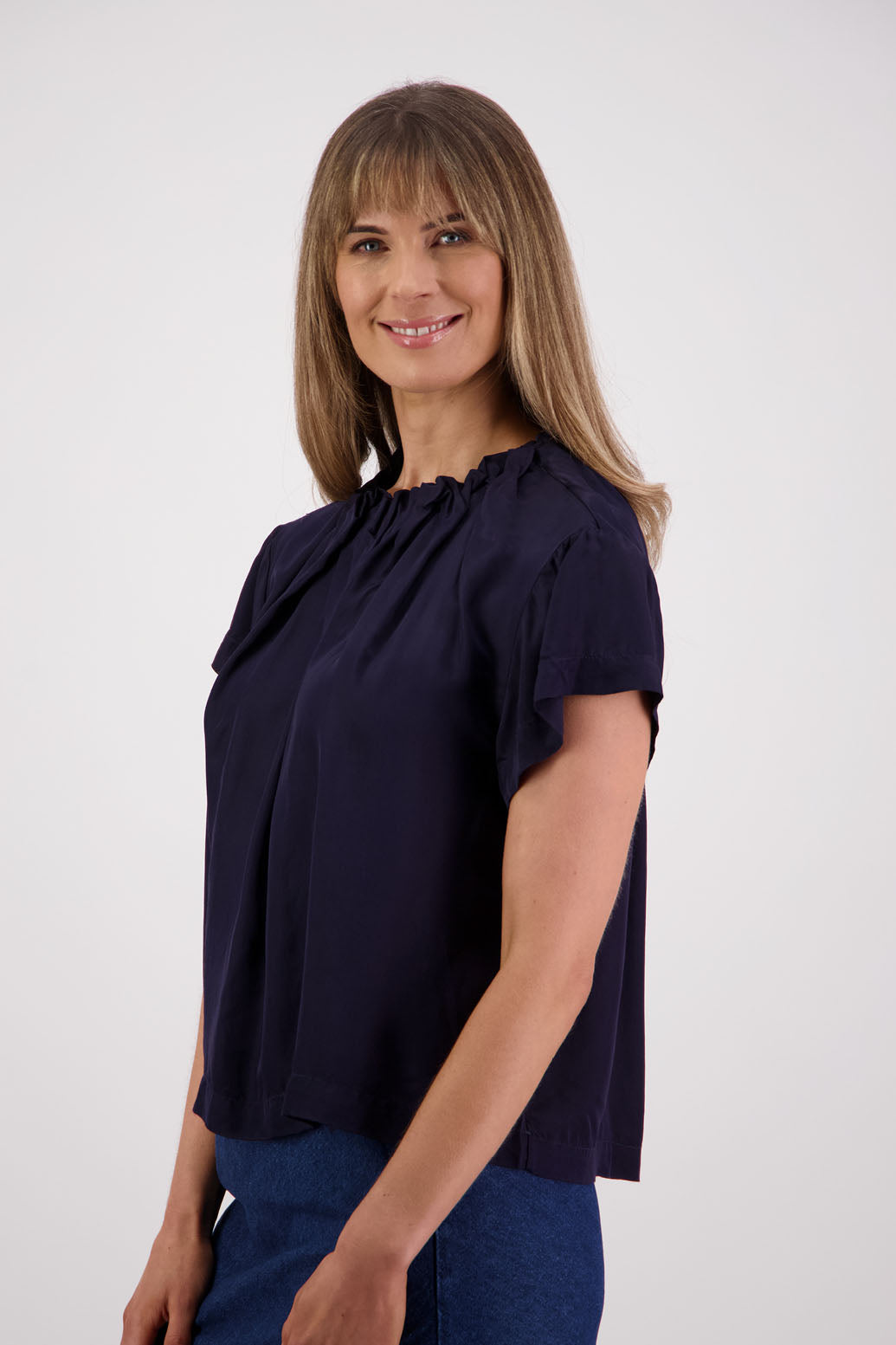 Womens Ivory Ink Top. Short sleeves with soft pleats around neck. Briarwood NZ. Jackie