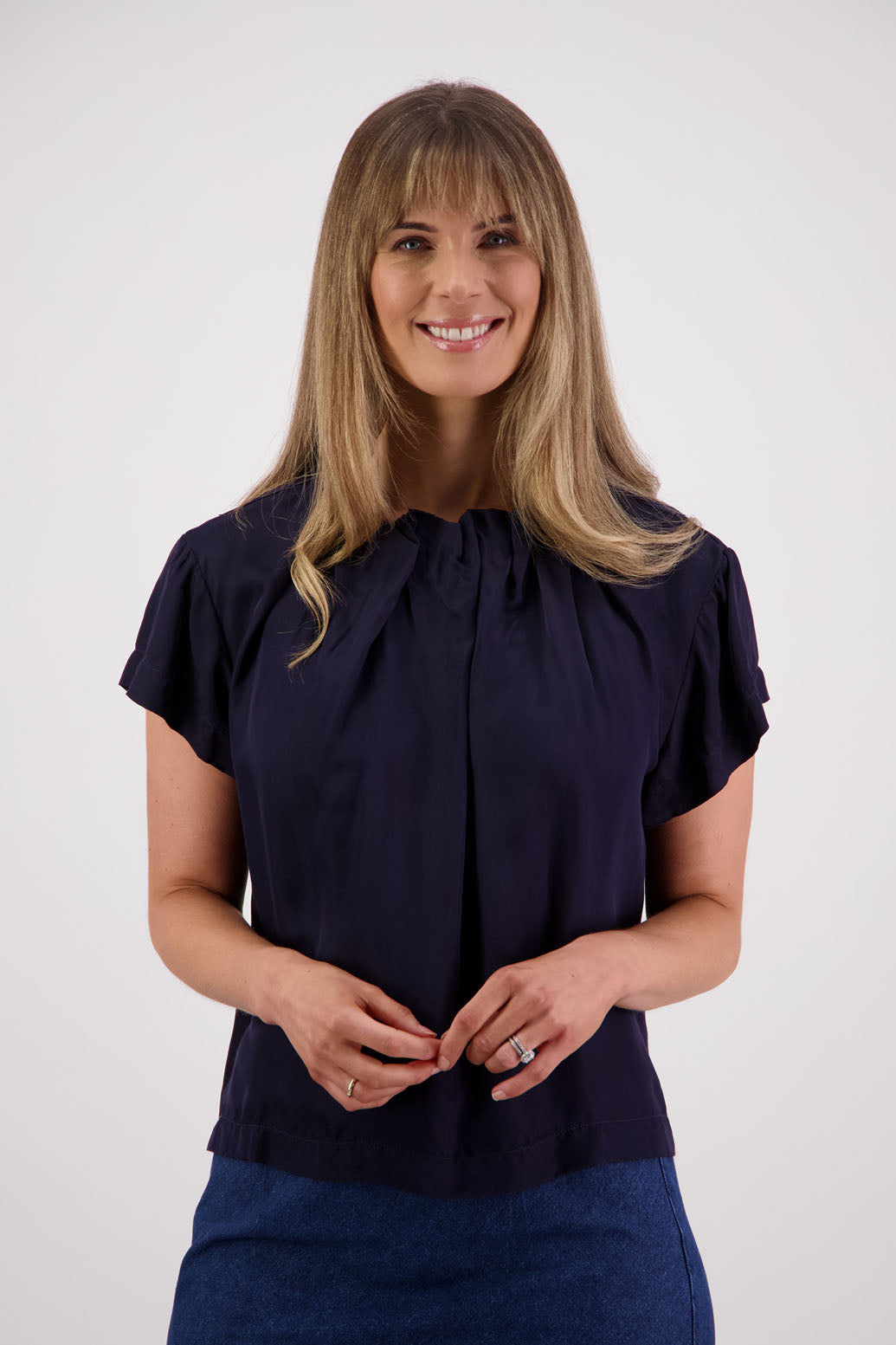 Womens Ivory Ink Top. Short sleeves with soft pleats around neck. Briarwood NZ. Jackie