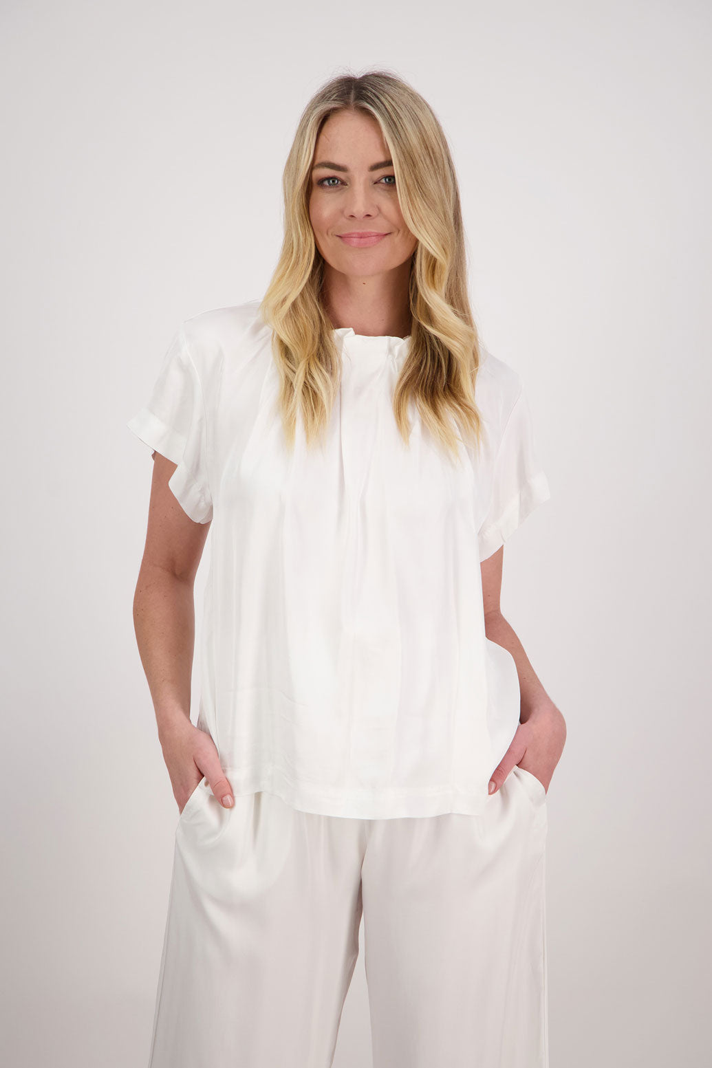 Jackie Womens Short Sleeve Viscose Top with Pleat Neck. Ivory