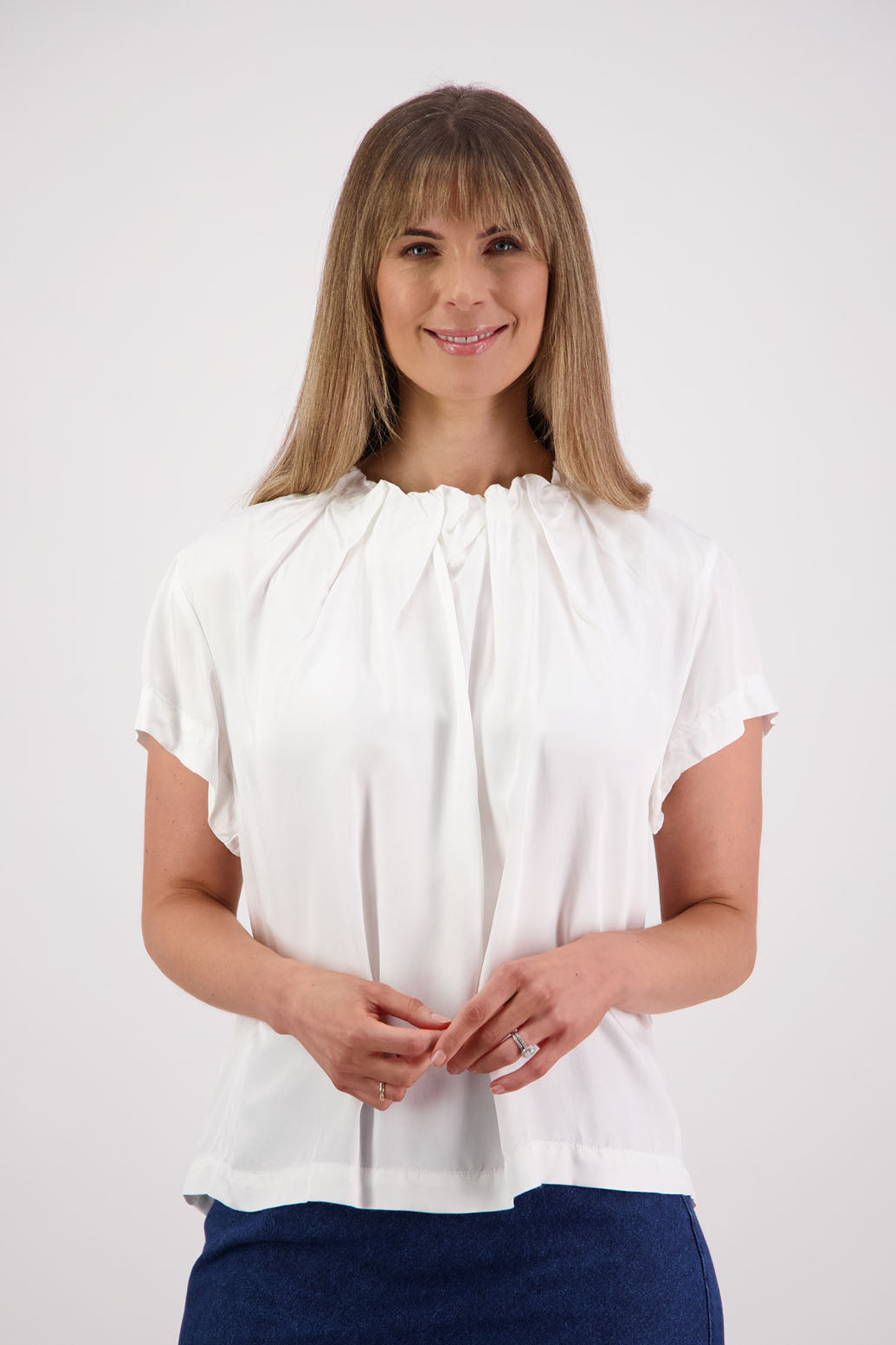 Womens Ivory Viscose Top. Short sleeves with soft pleats around neck. Briarwood NZ. Jackie