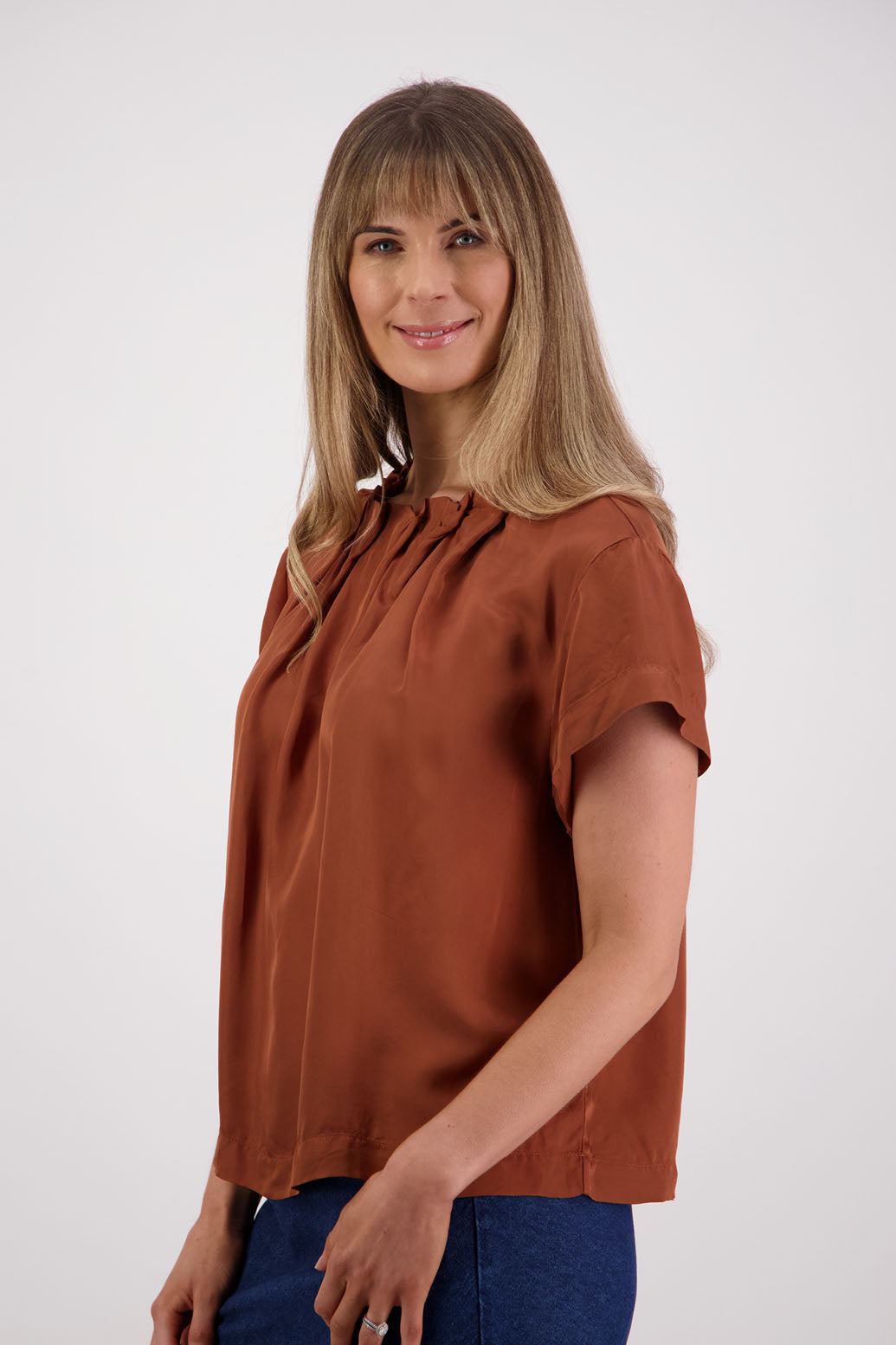 Womens Tan Top. Short sleeves with soft pleats around neck. Briarwood NZ. Jackie