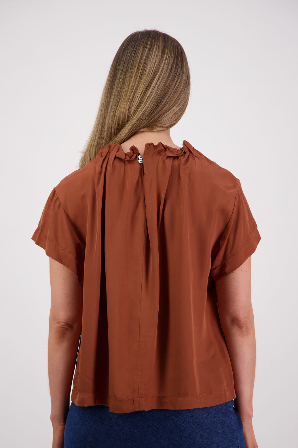 Womens Tan Top. Short sleeves with soft pleats around neck. Briarwood NZ. Jackie