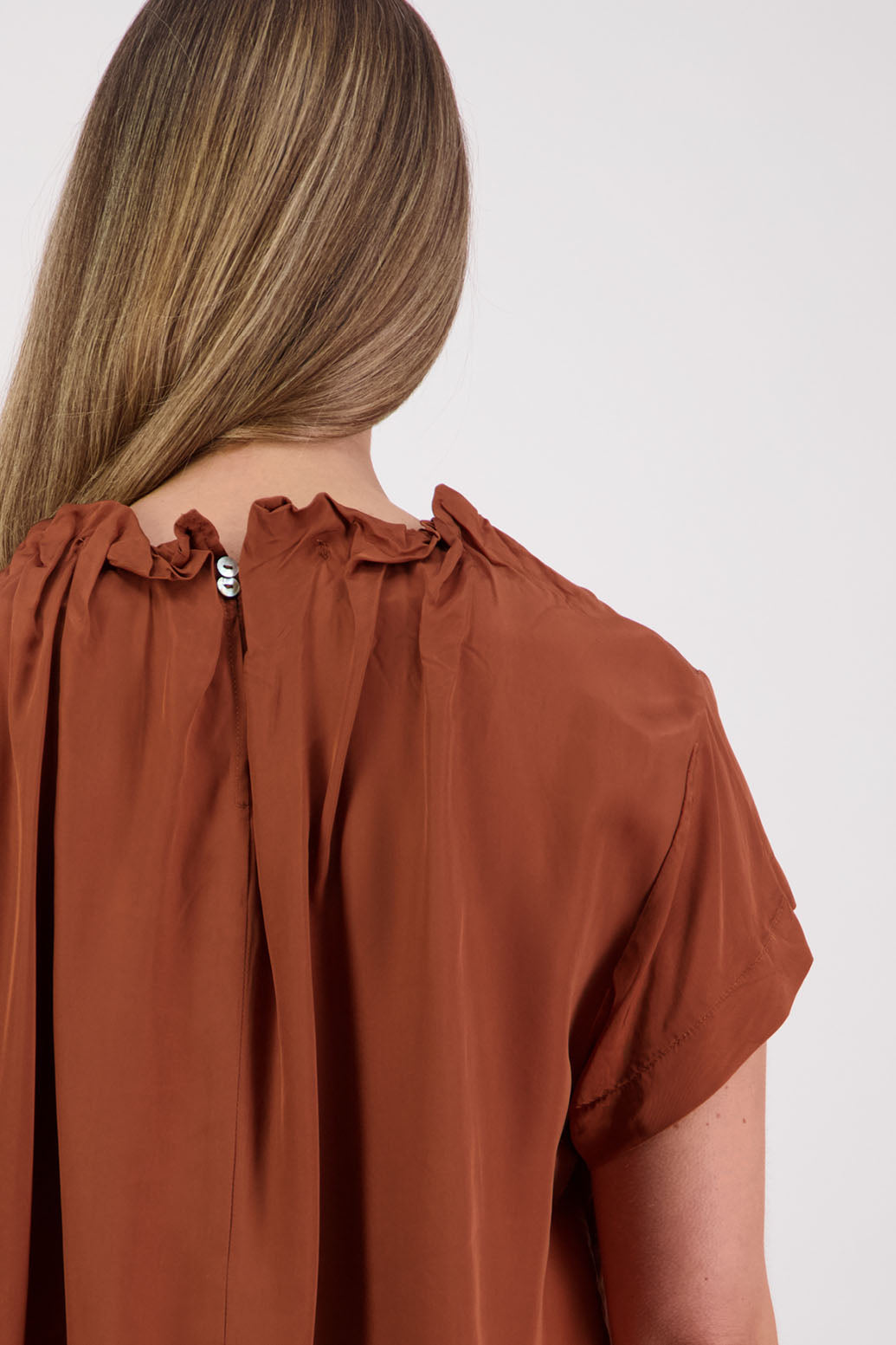 Womens Tan Top. Short sleeves with soft pleats around neck. Briarwood NZ. Jackie