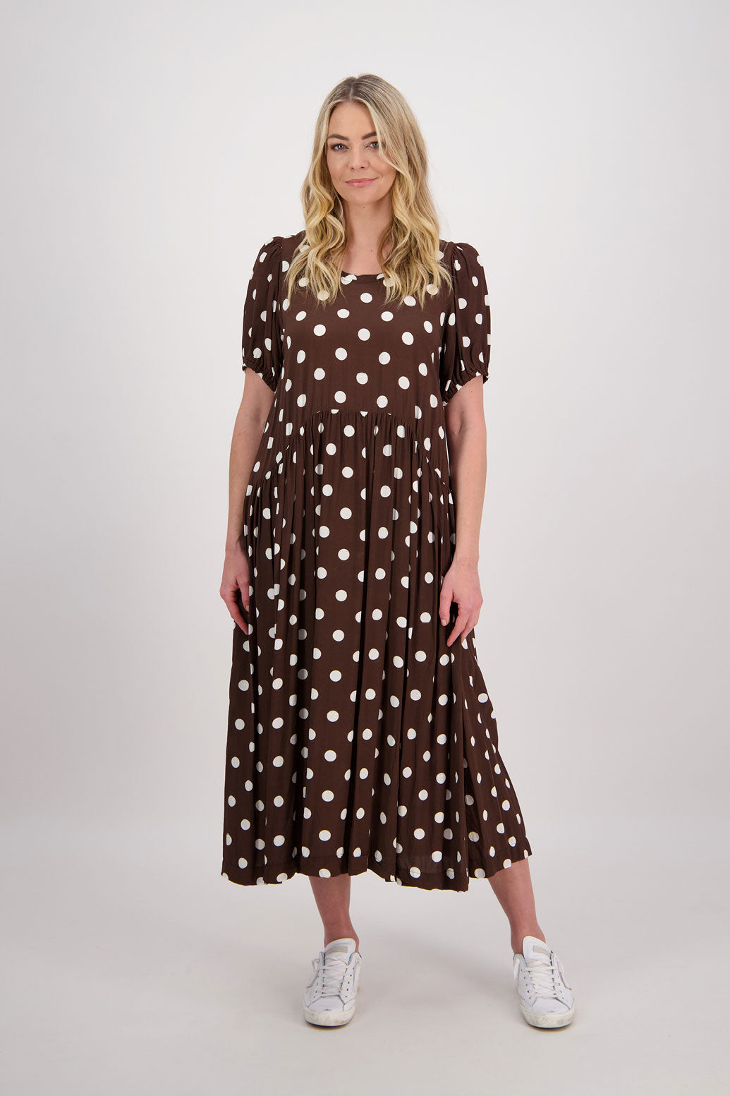 Bestselling Jem Puff Sleeve Midi Dress - Chocolate Spot