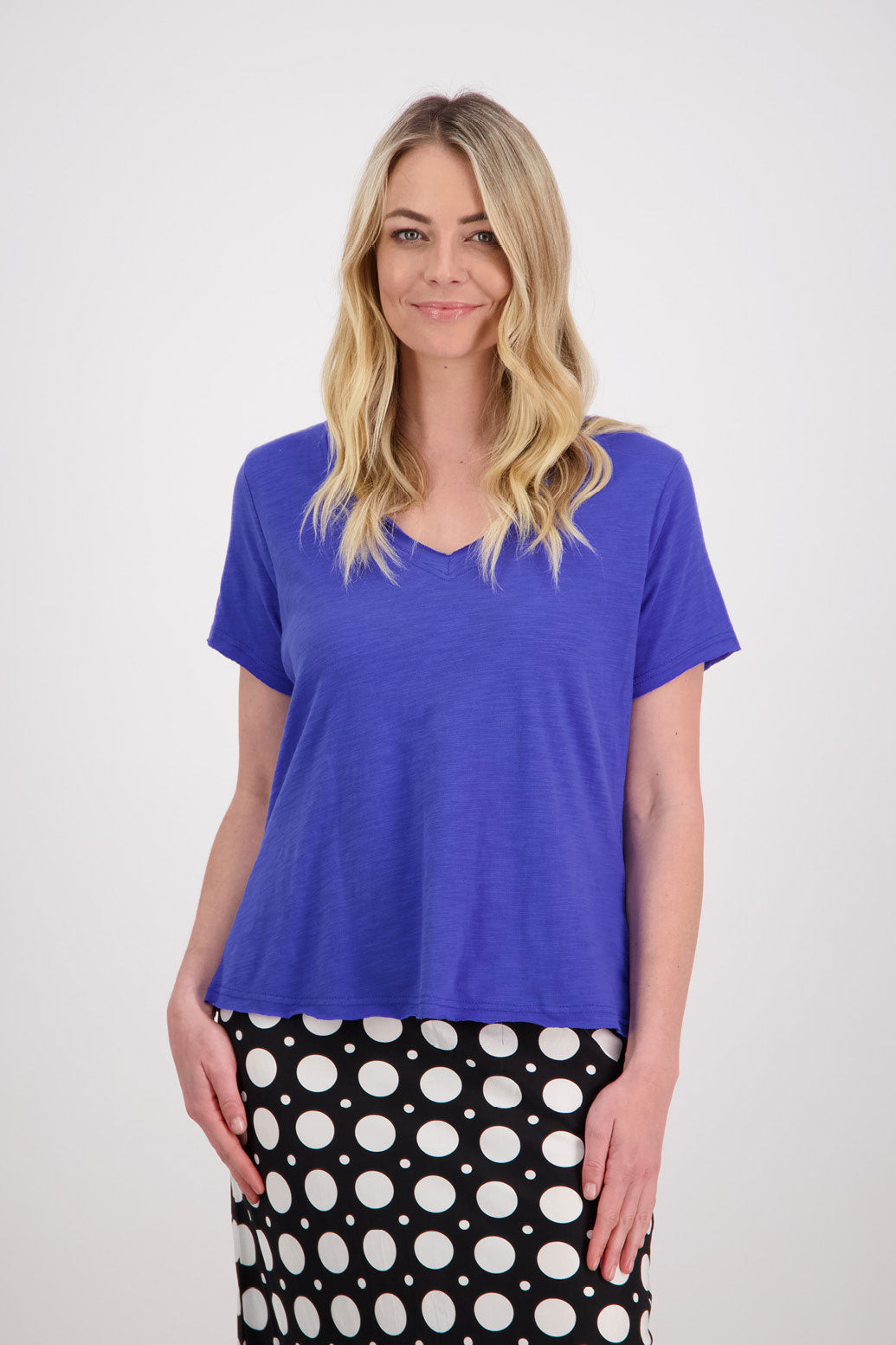 Jena Womens Bright Blue V Neck Cotton T-Shirt