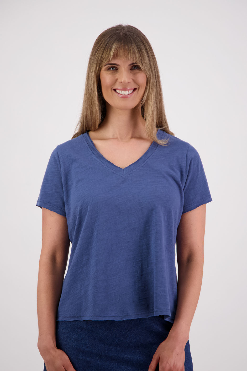 Womens cotton tshirt with short sleeves, v neck and slightly shaped. Briarwood NZ. Jena, Denim Blue