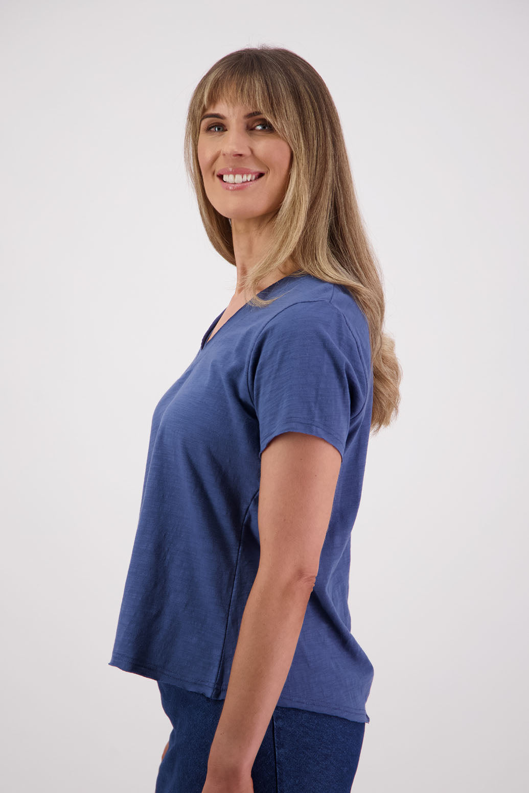 Womens cotton tshirt with short sleeves, v neck and slightly shaped. Briarwood NZ. Jena, Denim Blue