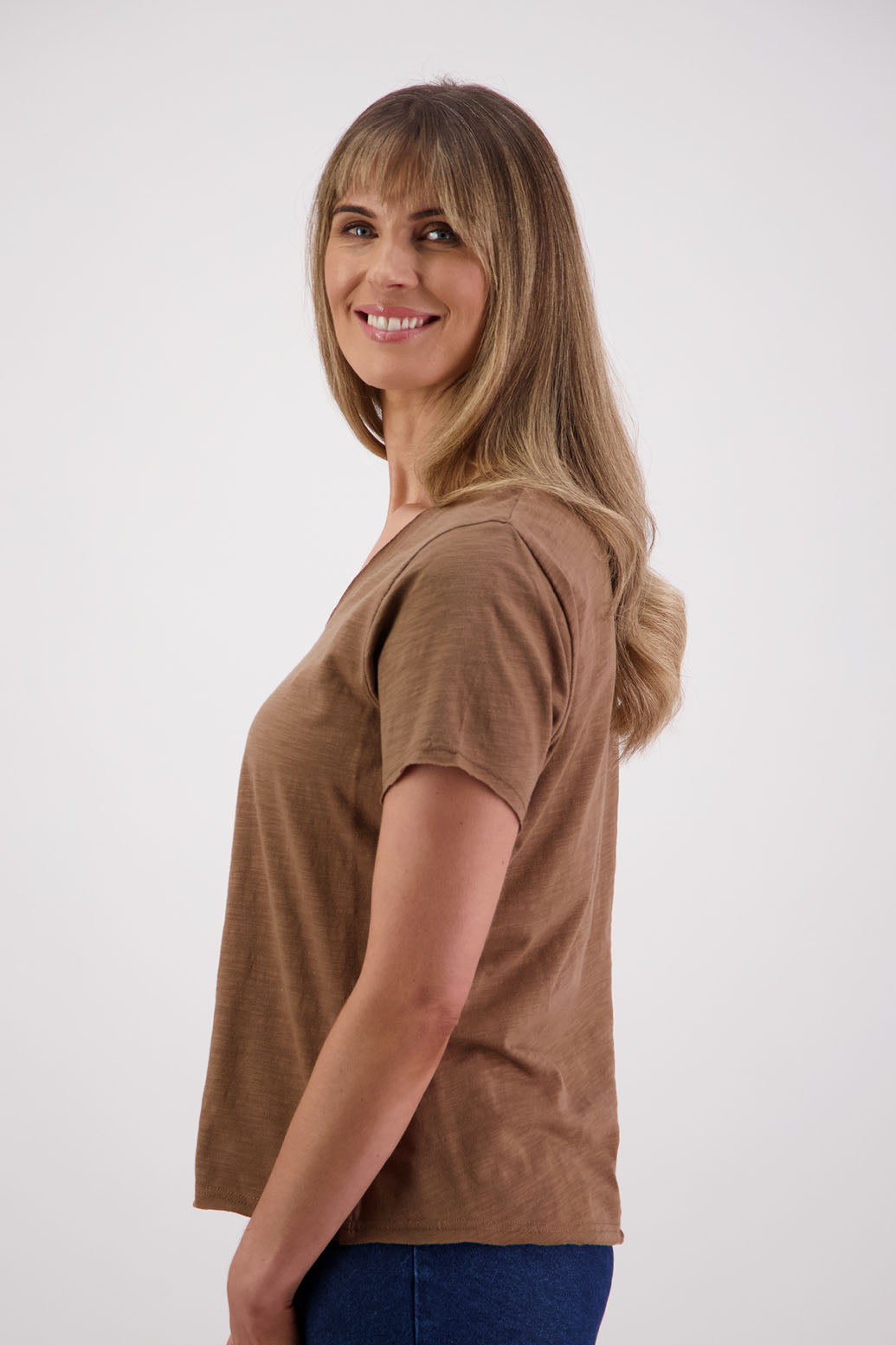 Womens cotton tshirt with short sleeves, v neck and slightly shaped. Briarwood NZ. Jena, Tan