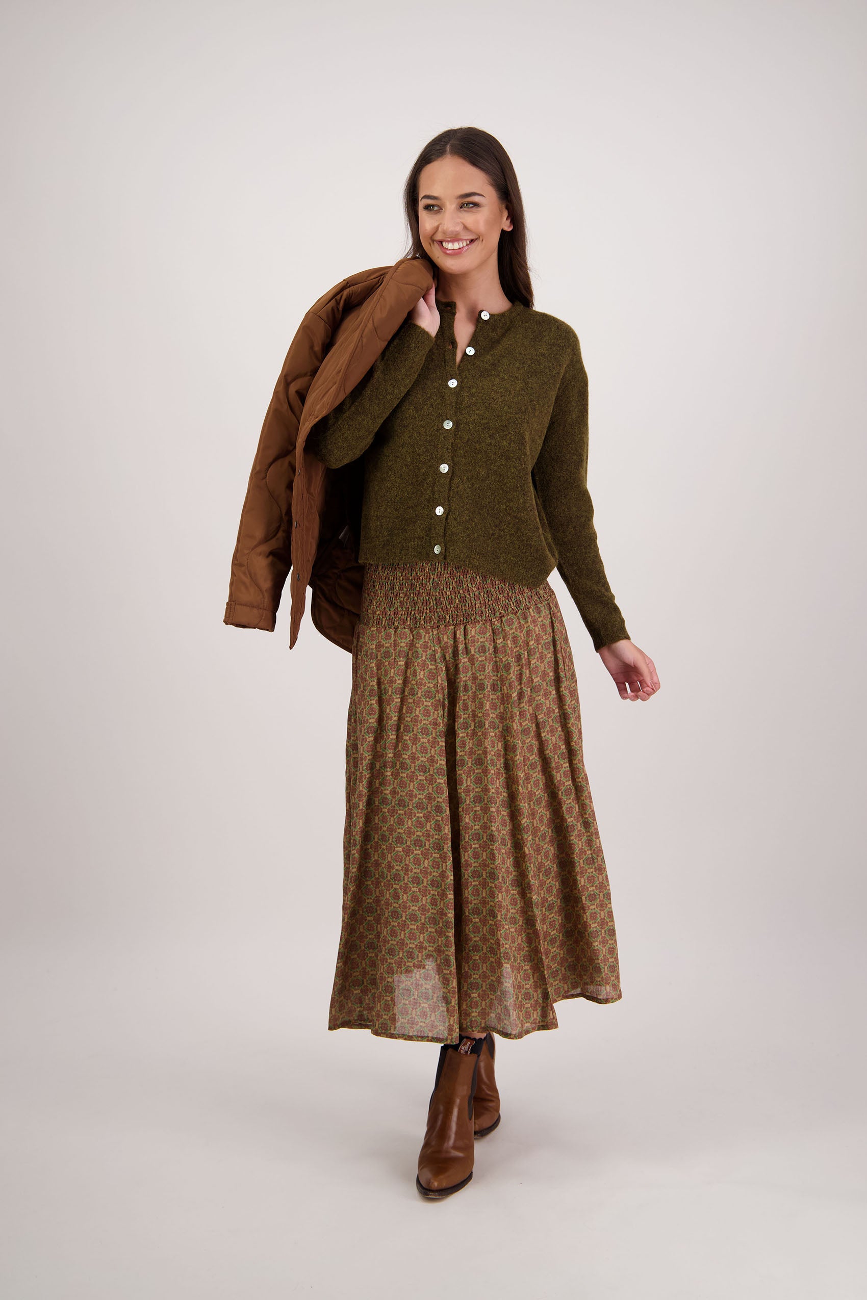 Frenchie Olive Knit Cardigan, Briarwood NZ
