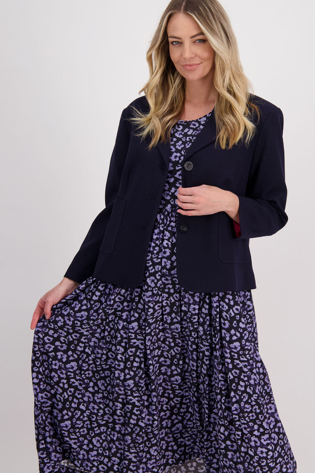 Ink/Dark Blue blazer with subtle shaping and fuchsia/pink lining. Harris