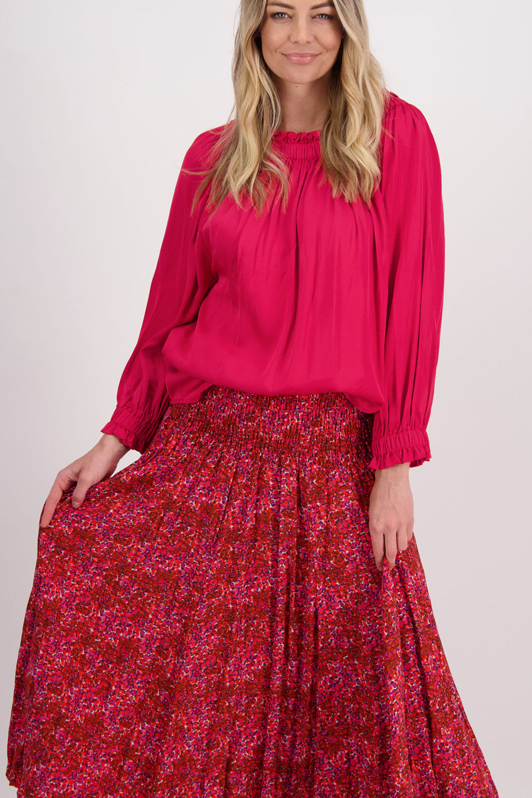 Red Floral Briarwood maxi skirt with shirred waist. Hawthorn